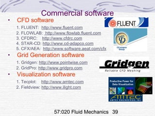 57:020 Fluid Mechanics 39
Commercial software
• CFD software
1. FLUENT: http://www.fluent.com
2. FLOWLAB: http://www.flowlab.fluent.com
3. CFDRC: http://www.cfdrc.com
4. STAR-CD: http://www.cd-adapco.com
5. CFX/AEA: http://www.software.aeat.com/cfx
• Grid Generation software
1. Gridgen: http://www.pointwise.com
2. GridPro: http://www.gridpro.com
• Visualization software
1. Tecplot: http://www.amtec.com
2. Fieldview: http://www.ilight.com
 