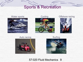 57:020 Fluid Mechanics 9
Sports & Recreation
Water sports
Auto racing
Offshore racingCycling
Surfing
 