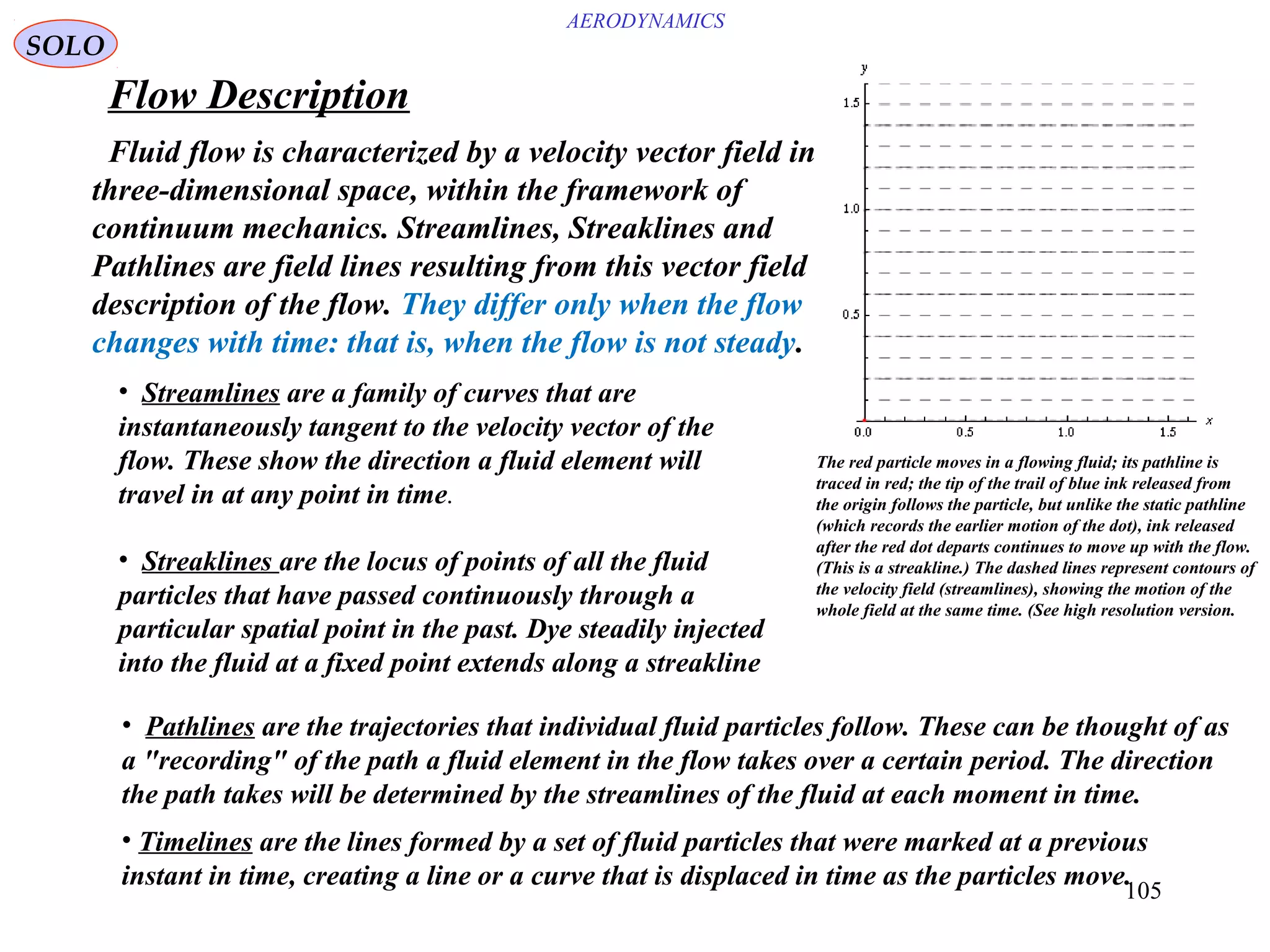 105
AERODYNAMICS
Fluid flow is characterized by a velocity vector field in
three-dimensional space, within the framework of
continuum mechanics. Streamlines, Streaklines and
Pathlines are field lines resulting from this vector field
description of the flow. They differ only when the flow
changes with time: that is, when the flow is not steady.
• Streamlines are a family of curves that are
instantaneously tangent to the velocity vector of the
flow. These show the direction a fluid element will
travel in at any point in time.
• Streaklines are the locus of points of all the fluid
particles that have passed continuously through a
particular spatial point in the past. Dye steadily injected
into the fluid at a fixed point extends along a streakline
• Pathlines are the trajectories that individual fluid particles follow. These can be thought of as
a "recording" of the path a fluid element in the flow takes over a certain period. The direction
the path takes will be determined by the streamlines of the fluid at each moment in time.
• Timelines are the lines formed by a set of fluid particles that were marked at a previous
instant in time, creating a line or a curve that is displaced in time as the particles move.
The red particle moves in a flowing fluid; its pathline is
traced in red; the tip of the trail of blue ink released from
the origin follows the particle, but unlike the static pathline
(which records the earlier motion of the dot), ink released
after the red dot departs continues to move up with the flow.
(This is a streakline.) The dashed lines represent contours of
the velocity field (streamlines), showing the motion of the
whole field at the same time. (See high resolution version.
Flow Description
SOLO
 