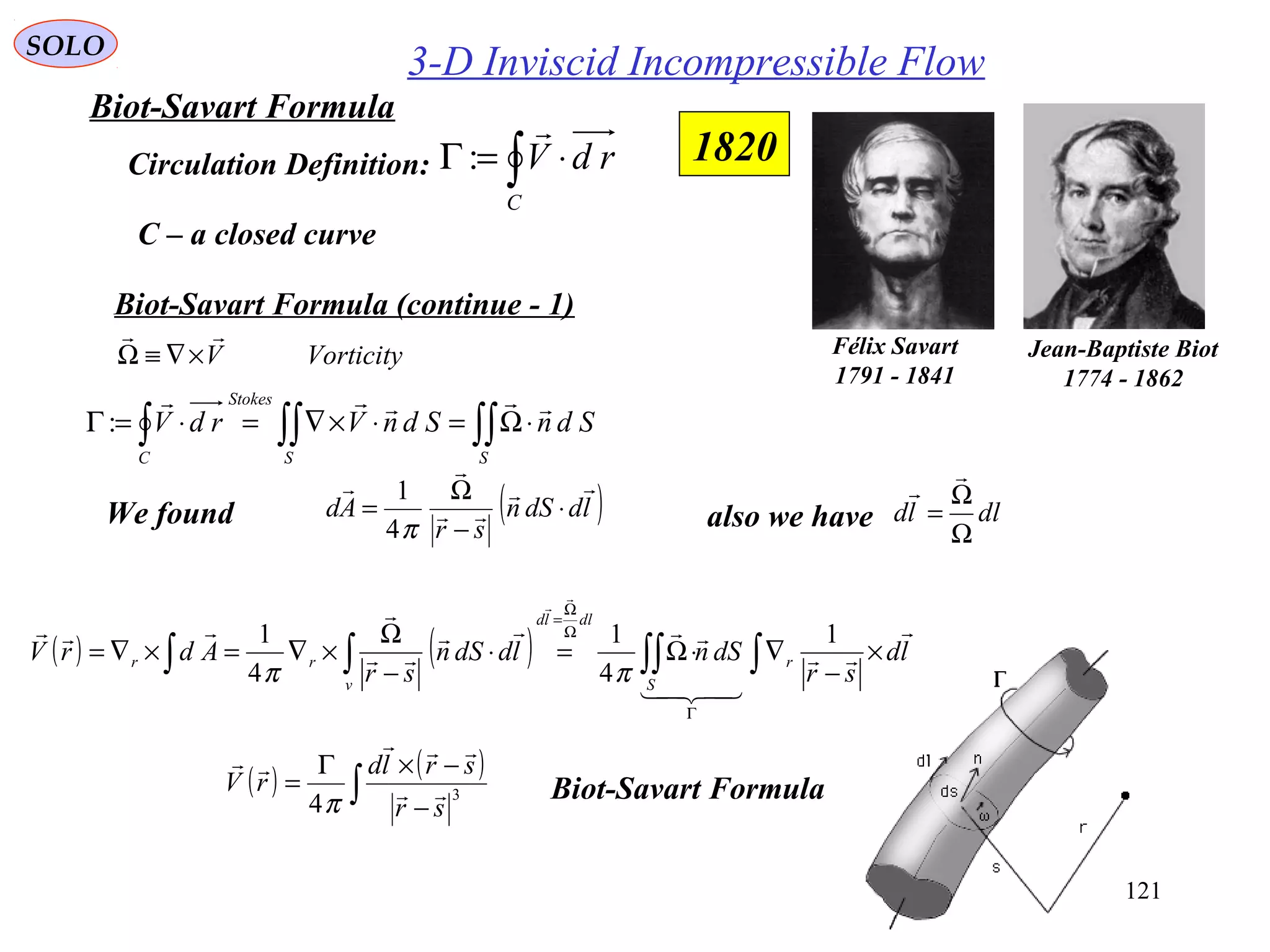 121
3-D Inviscid Incompressible FlowSOLO
Circulation Definition: ∫ ⋅=Γ
C
rdV

:
C – a closed curve
Biot-Savart Formula (continue - 1)
1820
Jean-Baptiste Biot
1774 - 1862
VorticityV

×∇≡Ω
( )lddSn
sr
Ad




⋅
−
Ω
=
π4
1
We found
∫∫∫∫∫ ⋅Ω=⋅×∇=⋅=Γ
SS
Stokes
C
SdnSdnVrdV

:
also we have dlld
Ω
Ω
=


( ) ( ) ∫∫∫∫∫ ×
−
∇⋅Ω=⋅
−
Ω
×∇=×∇=
Γ
Ω
Ω
=
ld
sr
dSnlddSn
sr
AdrV r
S
dlld
v
rr









1
4
1
4
1
ππ
( ) ( )
∫ −
−×Γ
= 3
4 sr
srld
rV 


π Biot-Savart Formula
Félix Savart
1791 - 1841
Biot-Savart Formula
 