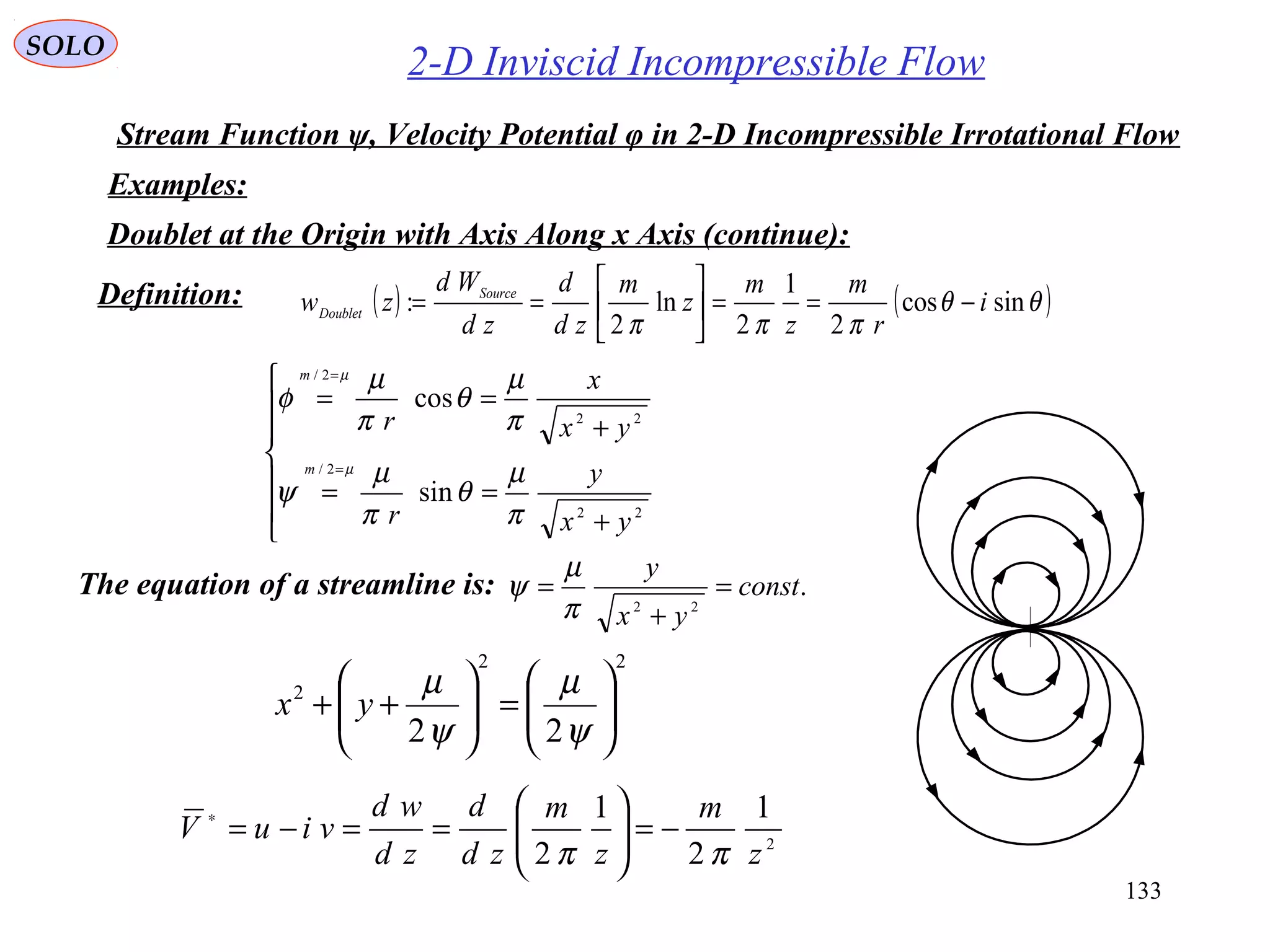 133
2-D Inviscid Incompressible Flow
Examples:
SOLO
Stream Function ψ, Velocity Potential φ in 2-D Incompressible Irrotational Flow
( ) ( )θθ
πππ
sincos
2
1
2
ln
2
: i
r
m
z
m
z
m
zd
d
zd
Wd
zw Source
Doublet −==





==







+
==
+
==
=
=
22
2/
22
2/
sin
cos
yx
y
r
yx
x
r
m
m
π
µ
θ
π
µ
ψ
π
µ
θ
π
µ
φ
µ
µ
Definition:
Doublet at the Origin with Axis Along x Axis (continue):
2
1
2
1
2 z
m
z
m
zd
d
zd
wd
viuV
ππ
−=





==−=∗
The equation of a streamline is: .
22
const
yx
y
=
+
=
π
µ
ψ
22
2
22 





=





++
ψ
µ
ψ
µ
yx
 