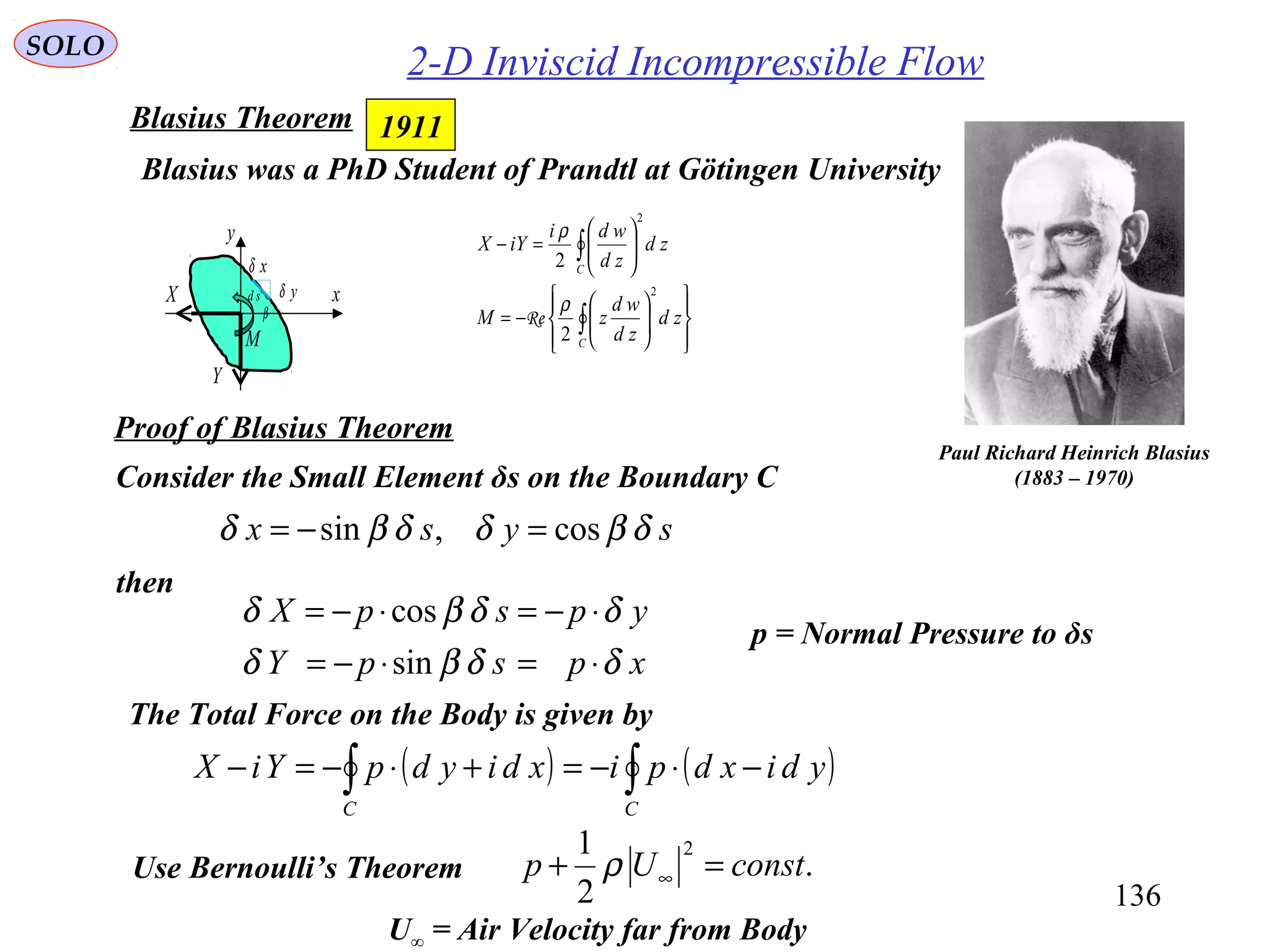 136
SOLO
2-D Inviscid Incompressible Flow
Paul Richard Heinrich Blasius
(1883 – 1970)
Blasius was a PhD Student of Prandtl at Götingen University














−=






=−
∫
∫
C
C
zd
zd
wd
zM
zd
zd
wdi
iYX
2
2
2
2
ρ
ρ
Re
1911Blasius Theorem
Proof of Blasius Theorem
Consider the Small Element δs on the Boundary C
sysx δβδδβδ cos,sin =−=
xpspY
ypspX
δδβδ
δδβδ
⋅=⋅−=
⋅−=⋅−=
sin
cos
then
p = Normal Pressure to δs
The Total Force on the Body is given by
( ) ( )∫∫ −⋅−=+⋅−=−
CC
ydixdpixdiydpYiX
Use Bernoulli’s Theorem .
2
1 2
constUp =+ ∞ρ
U∞ = Air Velocity far from Body
x
y
xδ
yδ
β
sd
M
X
Y
 