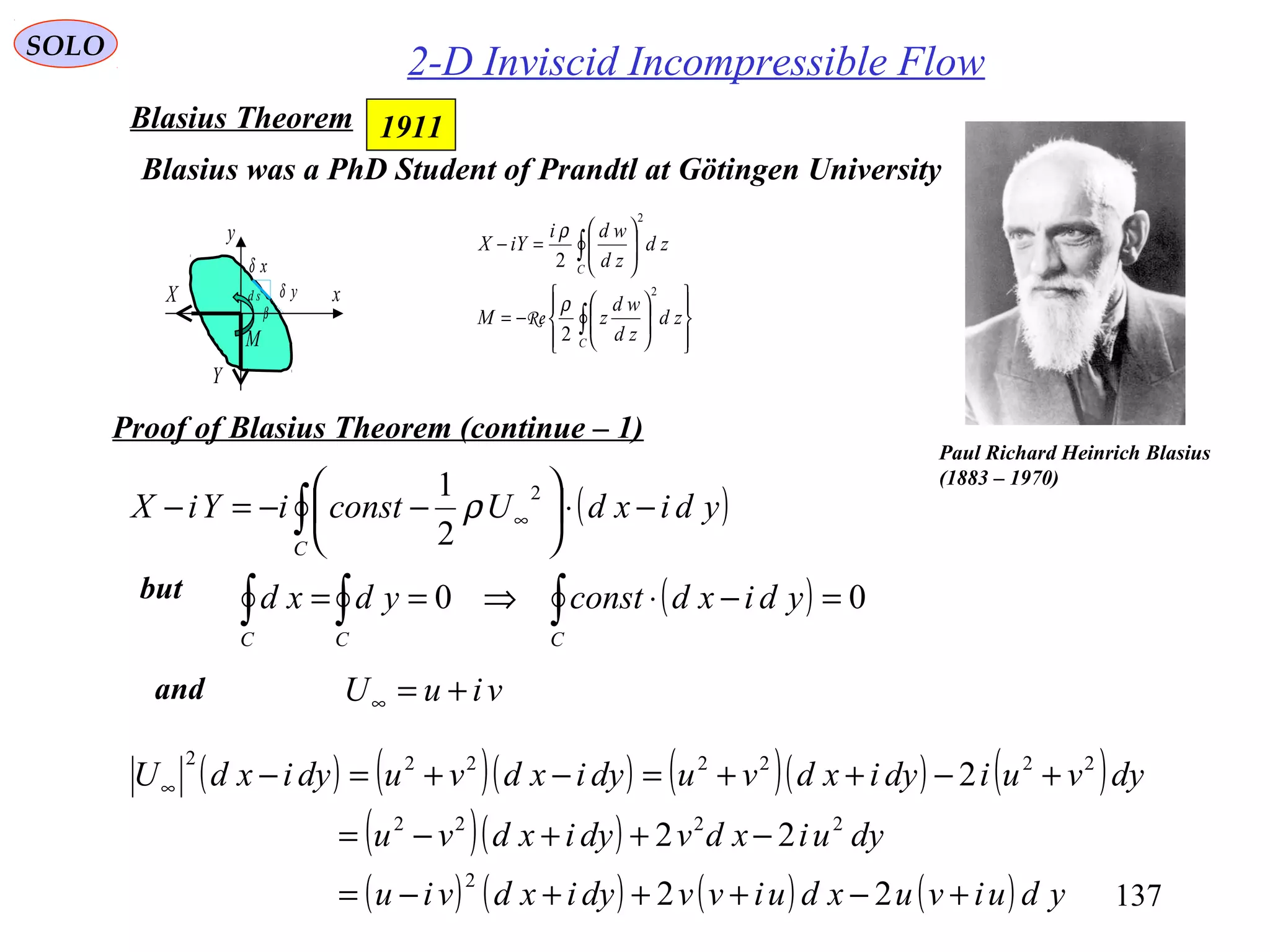 137
SOLO
2-D Inviscid Incompressible Flow
Paul Richard Heinrich Blasius
(1883 – 1970)
Blasius was a PhD Student of Prandtl at Götingen University














−=






=−
∫
∫
C
C
zd
zd
wd
zM
zd
zd
wdi
iYX
2
2
2
2
ρ
ρ
Re
1911Blasius Theorem
Proof of Blasius Theorem (continue – 1)
( )∫ −⋅





−−=− ∞
C
ydixdUconstiYiX
2
2
1
ρ
but ( ) 00 =−⋅⇒== ∫∫∫ CCC
ydixdconstydxd
( ) ( )( ) ( )( ) ( )
( )( )
( ) ( ) ( ) ( ) yduivuxduivvdyixdviu
dyuixdvdyixdvu
dyvuidyixdvudyixdvudyixdU
+−+++−=
−++−=
+−++=−+=−∞
22
22
2
2
2222
2222222
viuU +=∞
and
x
y
xδ
yδ
β
sd
M
X
Y
 