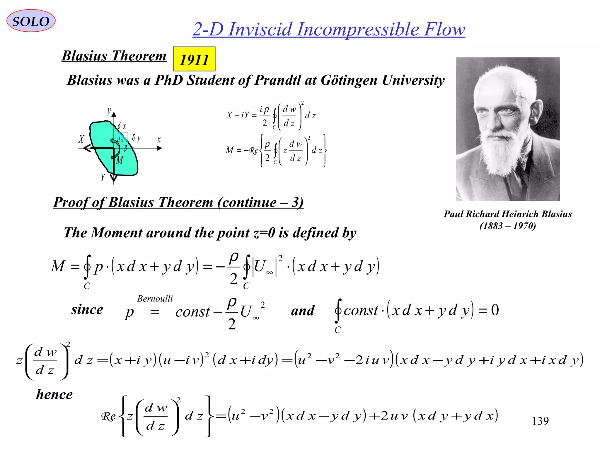139
SOLO
2-D Inviscid Incompressible Flow
Paul Richard Heinrich Blasius
(1883 – 1970)
Blasius was a PhD Student of Prandtl at Götingen University














−=






=−
∫
∫
C
C
zd
zd
wd
zM
zd
zd
wdi
iYX
2
2
2
2
ρ
ρ
Re
1911Blasius Theorem
Proof of Blasius Theorem (continue – 3)
( )( ) ( ) ( )( )ydxixdyiydyxdxvuivudyixdviuyixzd
zd
wd
z ++−−−=+−+=





2222
2
The Moment around the point z=0 is defined by
( ) ( )∫∫ +⋅−=+⋅= ∞
CC
ydyxdxUydyxdxpM
2
2
ρ
since 2
2
∞−= Uconstp
Bernoulli ρ
and ( ) 0=+⋅∫C
ydyxdxconst
hence
( )( ) ( )xdyydxvuydyxdxvuzd
zd
wd
z ++−−=














222
2
Re
x
y
xδ
yδ
β
sd
M
X
Y
 