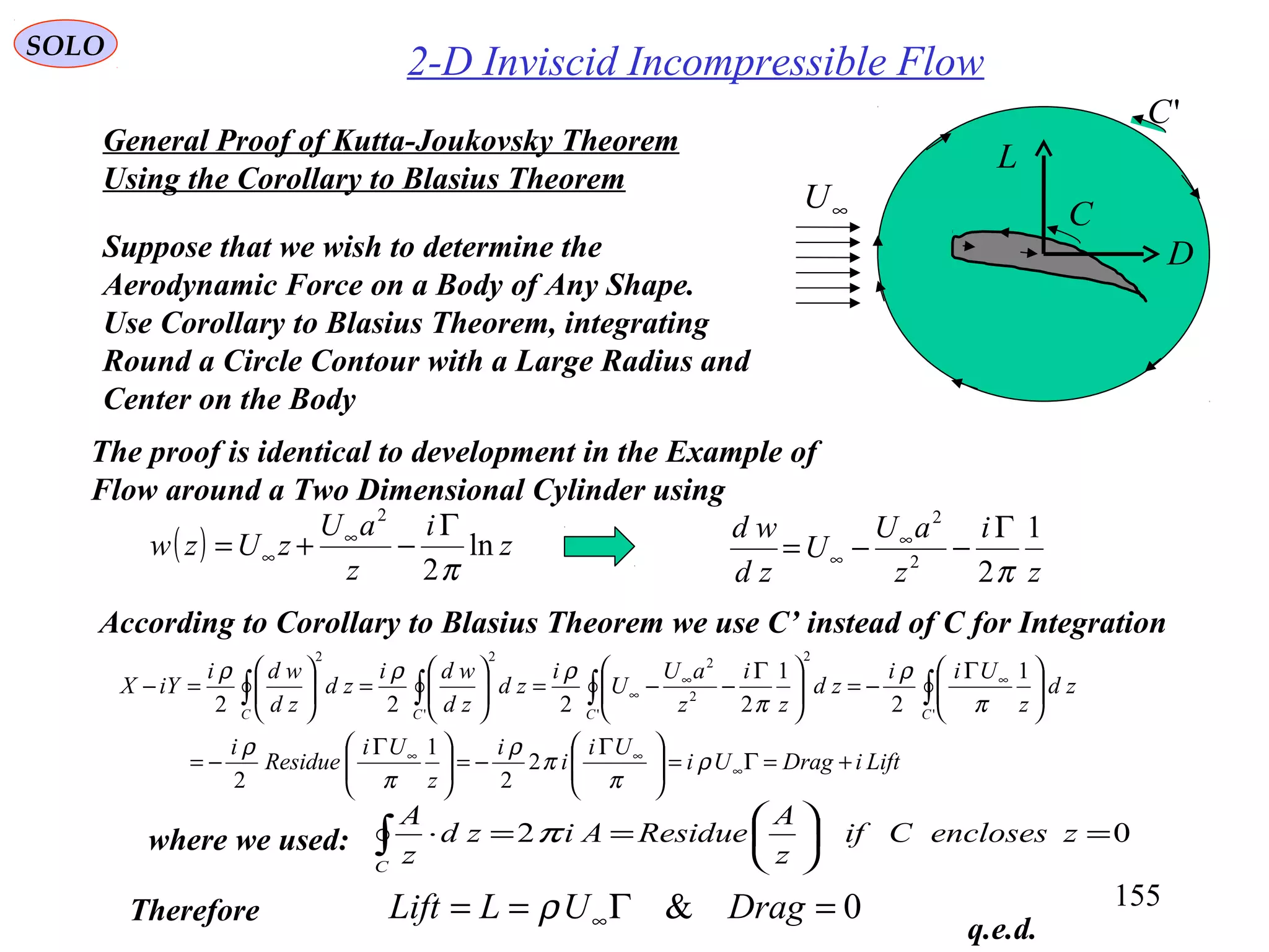 155
SOLO
2-D Inviscid Incompressible Flow
General Proof of Kutta-Joukovsky Theorem
Using the Corollary to Blasius Theorem
Suppose that we wish to determine the
Aerodynamic Force on a Body of Any Shape.
Use Corollary to Blasius Theorem, integrating
Round a Circle Contour with a Large Radius and
Center on the Body
( ) z
i
z
aU
zUzw ln
2
2
π
Γ
−+= ∞
∞
The proof is identical to development in the Example of
Flow around a Two Dimensional Cylinder using
According to Corollary to Blasius Theorem we use C’ instead of C for Integration
z
i
z
aU
U
zd
wd 1
22
2
π
Γ
−−= ∞
∞
LiftiDragUi
Ui
i
i
z
Ui
Residue
i
zd
z
Uii
zd
z
i
z
aU
U
i
zd
zd
wdi
zd
zd
wdi
iYX
CCCC
+=Γ=




 Γ
−=




 Γ
−=





 Γ
−=




 Γ
−−=





=





=−
∞
∞∞
∞∞
∞ ∫∫∫∫
ρ
π
π
ρ
π
ρ
π
ρ
π
ρρρ
2
2
1
2
1
2
1
2222 ''
2
2
2
'
22
Therefore 0& =Γ== ∞ DragULLift ρ
q.e.d.
02 =





==⋅∫ zenclosesCif
z
A
ResidueAizd
z
A
C
πwhere we used:
C
'C
∞U
L
D
 