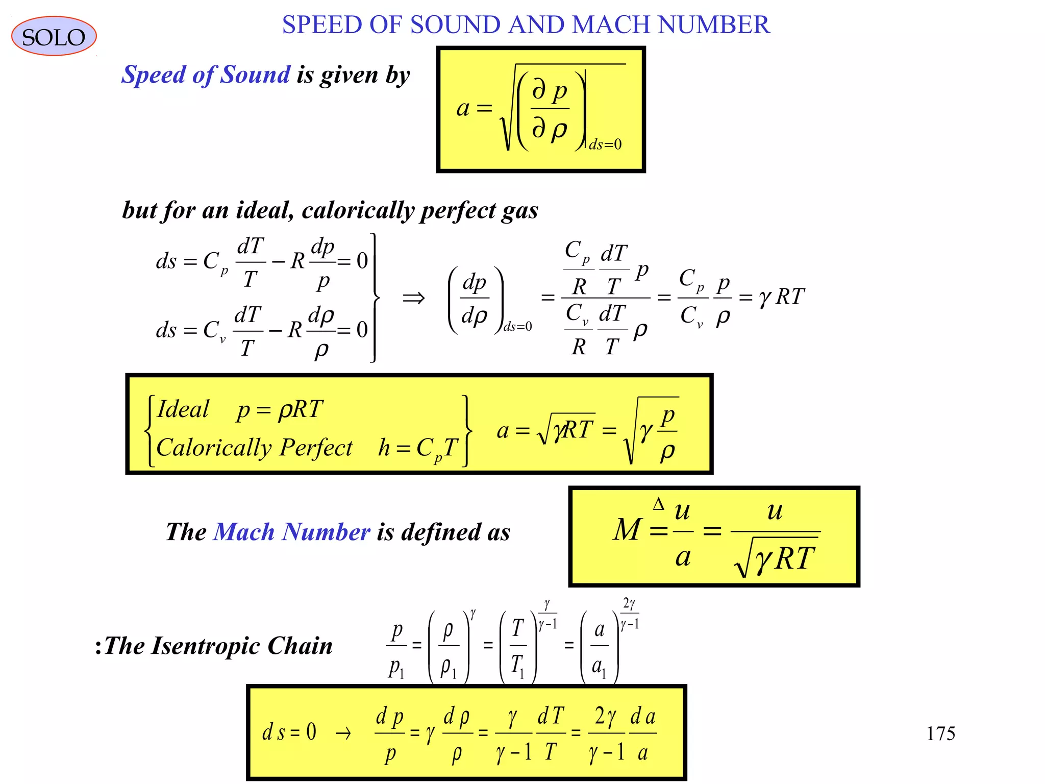 175
SPEED OF SOUND AND MACH NUMBERSOLO
Speed of Sound is given by
0=






∂
∂
=
ds
p
a
ρ
RT
p
C
C
T
dT
R
C
p
T
dT
R
C
d
dp
d
R
T
dT
Cds
p
dp
R
T
dT
Cds
v
p
v
p
ds
v
p
γ
ρ
ρ
ρ
ρ
ρ
===





⇒







=−=
=−=
=00
0
but for an ideal, calorically perfect gas
ρ
γγ
ρ p
RTa
TChPerfectyCaloricall
RTpIdeal
p
==






=
=
The Mach Number is defined as
RT
u
a
u
M
γ
==
∆
1
2
1
1
111
−−






=





=





=
γ
γ
γ
γ
γ
ρ
ρ
a
a
T
T
p
p
The Isentropic Chain:
a
ad
T
Tdd
p
pd
sd
1
2
1
0
−
=
−
==→=
γ
γ
γ
γ
ρ
ρ
γ
 