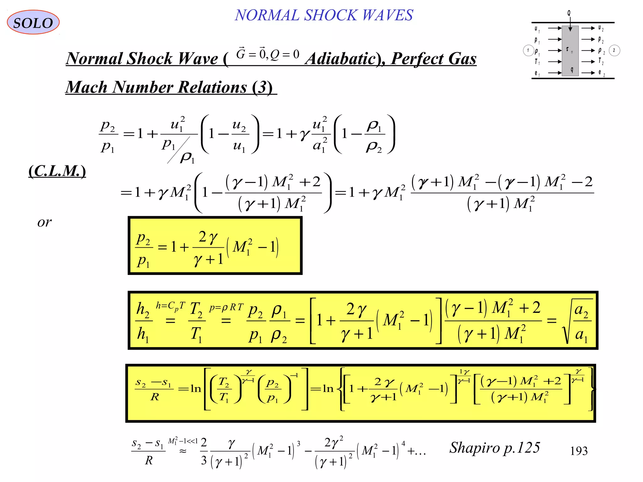 193
NORMAL SHOCK WAVESSOLO
Normal Shock Wave ) Adiabatic(, Perfect Gas
 
G Q= =0 0,
Mach Number Relations )3(
( )
( )
( ) ( )
( )
p
p
u
p
u
u
u
a
M
M
M
M
M M
M
2
1
1
2
1
1
2
1
1
2
1
2
1
2
1
2 1
2
1
2 1
2 1
2
1
2
1
2
1 1 1 1
1 1
1 2
1
1
1 1 2
1
= + −





 = + −






= + −
− +
+





 = +
/ + − / − −
+
ρ
γ
ρ
ρ
γ
γ
γ
γ
γ γ
γ
or
)C.L.M.(
( )
p
p
M2
1
1
2
1
2
1
1= +
+
−
γ
γ
( )
( )
( )
h
h
T
T
p
p
M
M
M
a
a
h C T p RTp
2
1
2
1
2
1
1
2
1
2 1
2
1
2
2
1
1
2
1
1
1 2
1
= = = +
+
−






− +
+
=
= =ρ ρ
ρ
γ
γ
γ
γ
( )
( )
( )
s s
R
T
T
p
p
M
M
M
2 1 2
1
1
2
1
1
1
2
1
1
1
2
1
2
1
1
2
1
1
1 2
1
−
=






















= +
+
−






− +
+
















−
−
− −
ln ln
γ
γ
γ
γ
γ
γ
γ
γ
γ
γ
( )
( )
( )
( )
s s
R
M M
M
2 1
1 1
2 1
2 3
2
2 1
2 41
2
2
3 1
1
2
1
1
−
≈
+
− −
+
− +
− << γ
γ
γ
γ
K Shapiro p.125
u
p
ρ
T
e
u
p
ρ
T
e
τ 11
q
Q
1
1
1
1
1
2
2
2
2
2
1 2
 