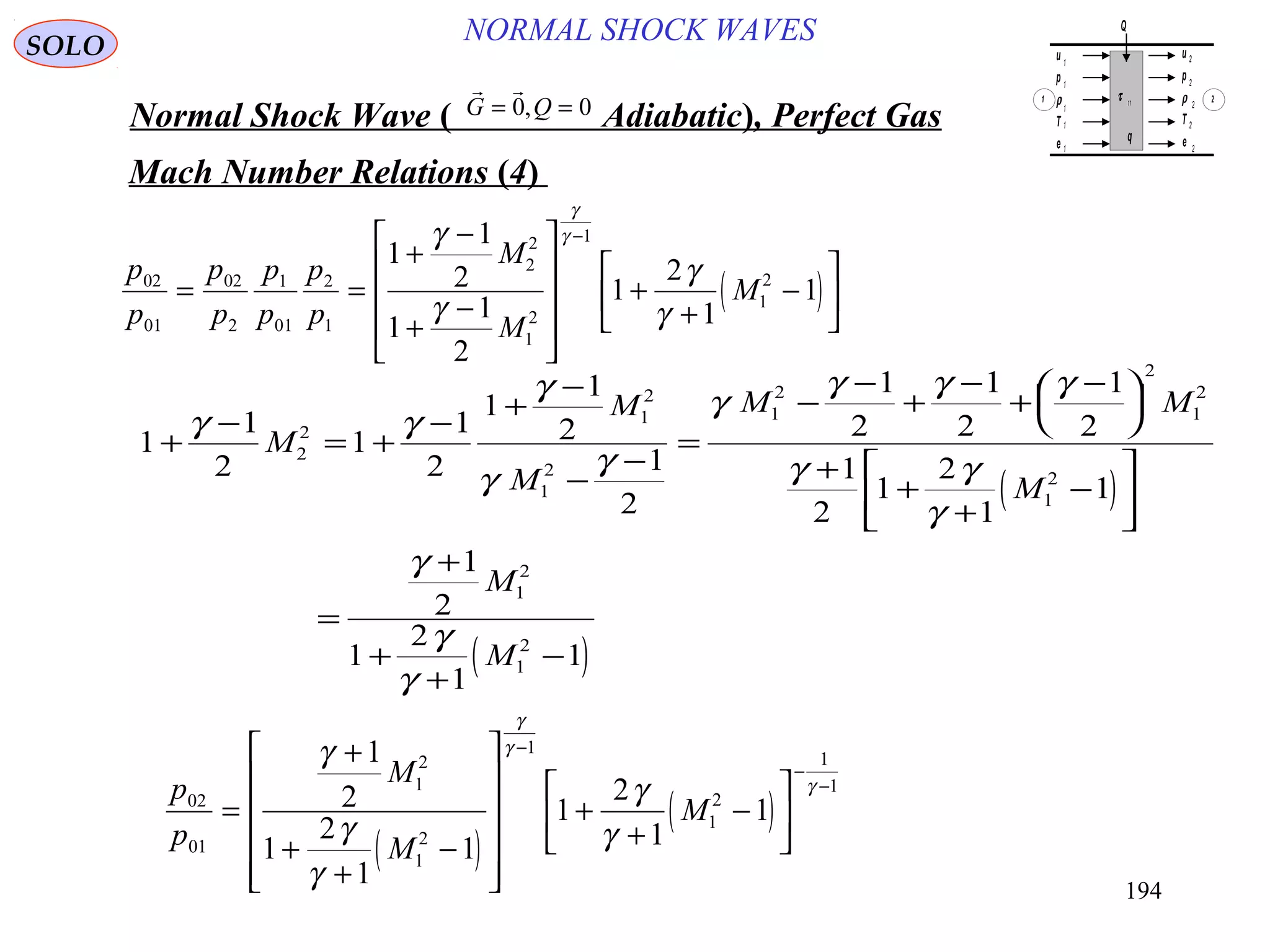 194
NORMAL SHOCK WAVESSOLO
Normal Shock Wave ) Adiabatic(, Perfect Gas
 
G Q= =0 0,
Mach Number Relations )4(
( )
p
p
p
p
p
p
p
p
M
M
M02
01
02
2
1
01
2
1
2
2
1
2
1
1
2
1
1
2
1
1
2
1
2
1
1= =
+
−
+
−










+
+
−






−γ
γ
γ
γ
γ
γ
( )
( )
1
1
2
1
1
2
1
1
2
1
2
1
2
1
2
1
2
1
2
1
2
1
1
1
2
1
2
1
1
2
2
1
2
1
2
1
2
2
1
2
1
2
1
2
1
2
+
−
= +
−
+
−
−
−
=
−
−
+
−
+
−





+
+
+
−






=
+
+
+
−
γ γ
γ
γ
γ
γ
γ γ γ
γ γ
γ
γ
γ
γ
M
M
M
M M
M
M
M
( )
( )
p
p
M
M
M02
01
1
2
1
2
1
1
2
1
1
1
2
1
2
1
1
1
2
1
1=
+
+
+
−












+
+
−






−
−
−
γ
γ
γ
γ
γ
γ
γ
γ
u
p
ρ
T
e
u
p
ρ
T
e
τ 11
q
Q
1
1
1
1
1
2
2
2
2
2
1 2
 