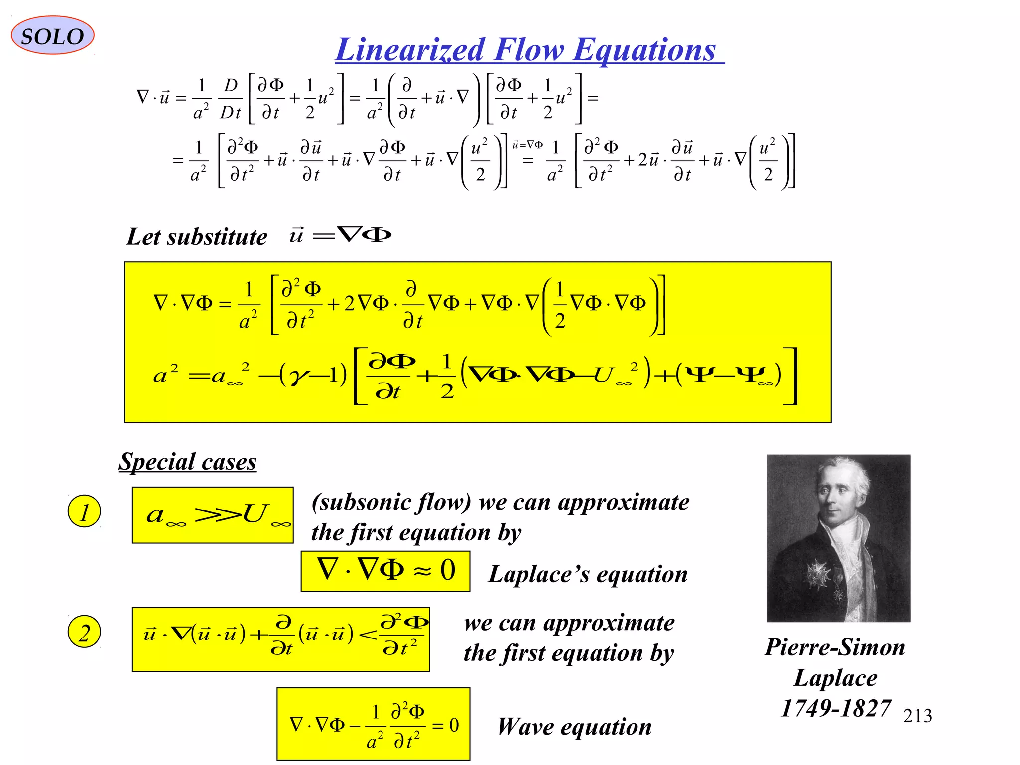 213
SOLO












∇⋅+
∂
∂
⋅+
∂
Φ∂
=











∇⋅+
∂
Φ∂
∇⋅+
∂
∂
⋅+
∂
Φ∂
=
=





+
∂
Φ∂






∇⋅+
∂
∂
=





+
∂
Φ∂
=⋅∇
Φ∇=
2
2
1
2
1
2
11
2
11
2
2
2
2
2
2
2
2
2
2
2
2
u
u
t
u
u
ta
u
u
t
u
t
u
u
ta
u
t
u
ta
u
ttD
D
a
u
u 






Let substitute Φ∇=u













Φ∇⋅Φ∇∇⋅Φ∇+Φ∇
∂
∂
⋅Φ∇+
∂
Φ∂
=Φ∇⋅∇
2
1
2
1
2
2
2
tta
( ) ( ) ( )





Ψ−Ψ+−Φ∇⋅Φ∇+
∂
Φ∂
−−= ∞∞∞
222
2
1
1 U
t
aa γ
Special cases
0≈Φ∇⋅∇ Laplace’s equation
∞∞ >>Ua (subsonic flow) we can approximate
the first equation by
1
2 ( ) ( ) 2
2
t
uu
t
uuu
∂
Φ∂
<⋅
∂
∂
+⋅∇⋅
 we can approximate
the first equation by
0
1
2
2
2
=
∂
Φ∂
−Φ∇⋅∇
ta
Wave equation
Pierre-Simon
Laplace
1749-1827
Linearized Flow Equations
 