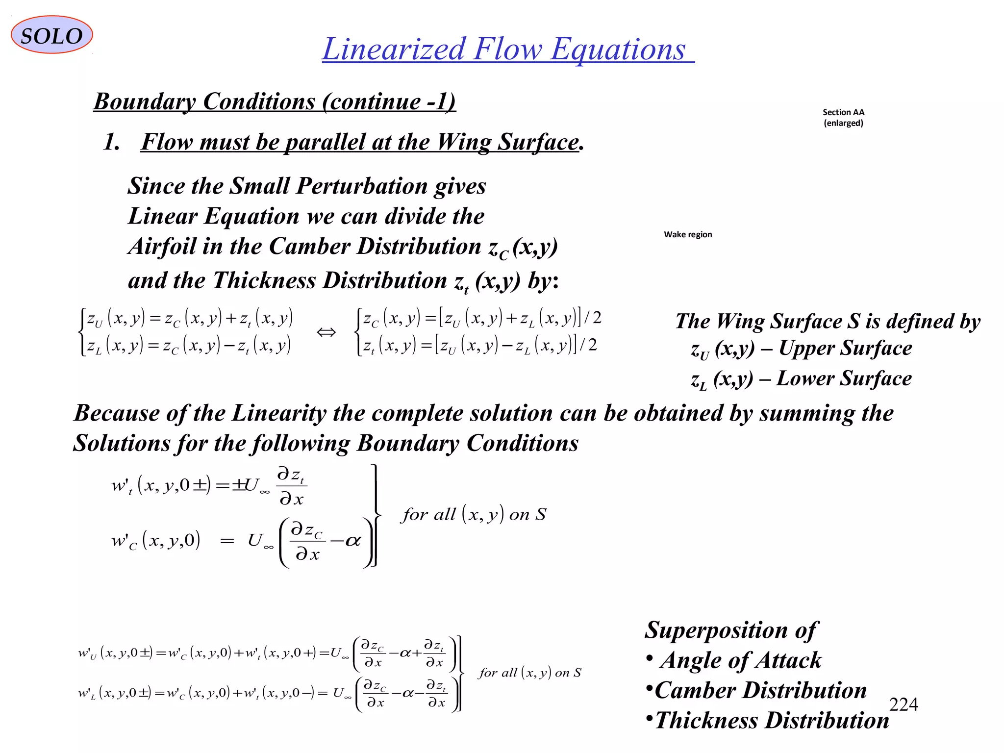 224
Linearized Flow EquationsSOLO
Boundary Conditions (continue -1)
1. Flow must be parallel at the Wing Surface.
The Wing Surface S is defined by
zU (x,y) – Upper Surface
zL (x,y) – Lower Surface
Since the Small Perturbation gives
Linear Equation we can divide the
Airfoil in the Camber Distribution zC (x,y)
and the Thickness Distribution zt (x,y) by:
( )
( )
( ) Sonyxallfor
x
z
Uyxw
x
z
Uyxw
C
C
t
t
,
0,,'
0,,'













−
∂
∂
=
∂
∂
±=±
∞
∞
α
( ) ( ) ( )
( ) ( ) ( )
( ) ( ) ( )[ ]
( ) ( ) ( )[ ]


−=
+=
⇔



−=
+=
2/,,,
2/,,,
,,,
,,,
yxzyxzyxz
yxzyxzyxz
yxzyxzyxz
yxzyxzyxz
LUt
LUC
tCL
tCU
Because of the Linearity the complete solution can be obtained by summing the
Solutions for the following Boundary Conditions
Superposition of
• Angle of Attack
•Camber Distribution
•Thickness Distribution
Section AA
(enlarged)
Wake region
( ) ( ) ( )
( ) ( ) ( )
( ) Sonyxallfor
x
z
x
z
Uyxwyxwyxw
x
z
x
z
Uyxwyxwyxw
tC
tCL
tC
tCU
,
0,,'0,,'0,,'
0,,'0,,'0,,'













∂
∂
−−
∂
∂
=−+=±






∂
∂
+−
∂
∂
=++=±
∞
∞
α
α
 