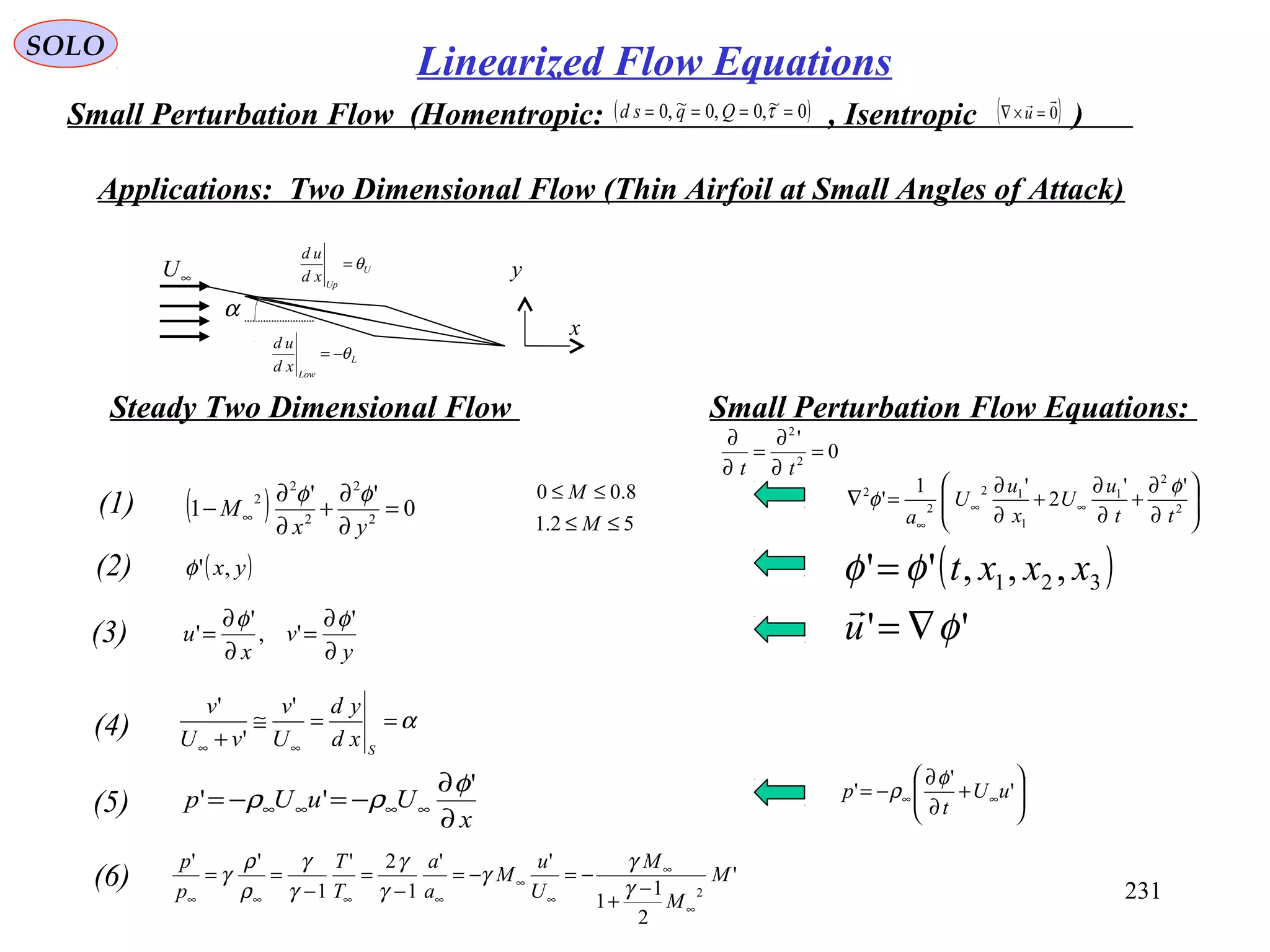 231
SOLO
Small Perturbation Flow (Homentropic: , Isentropic )( )0~,0,0~,0 ==== τQqsd ( )0

=×∇ u
Applications: Two Dimensional Flow (Thin Airfoil at Small Angles of Attack)
α
U
Up
xd
ud
θ=
L
Low
xd
ud
θ−=
∞U
x
y
( ) 0
''
1 2
2
2
2
2
=
∂
∂
+
∂
∂
− ∞
yx
M
φφ(1)
( )yx,'φ(2)
y
v
x
u
∂
∂
=
∂
∂
=
'
',
'
'
φφ
(3)
α==≅
+ ∞∞ S
xd
yd
U
v
vU
v '
'
'
(4)
x
UuUp
∂
∂
−=−= ∞∞∞∞
'
''
φ
ρρ(5)
'
2
1
1
''
1
2'
1
''
2
M
M
M
U
u
M
a
a
T
T
p
p
∞
∞
∞
∞
∞∞∞∞
−
+
−=−=
−
=
−
==
γ
γ
γ
γ
γ
γ
γ
ρ
ρ
γ(6)






∂
∂
+
∂
∂
+
∂
∂
=∇ ∞∞
∞
2
2
1
1
12
2
2 ''
2
'1
'
tt
u
U
x
u
U
a
φ
φ
( )
''
,,,'' 321
φ
φφ
∇=
=
u
xxxt







+
∂
∂
−= ∞∞ '
'
' uU
t
p
φ
ρ
Steady Two Dimensional Flow Small Perturbation Flow Equations:
0
'
2
2
=
∂
∂
=
∂
∂
tt
52.1
8.00
≤≤
≤≤
M
M
Linearized Flow Equations
 