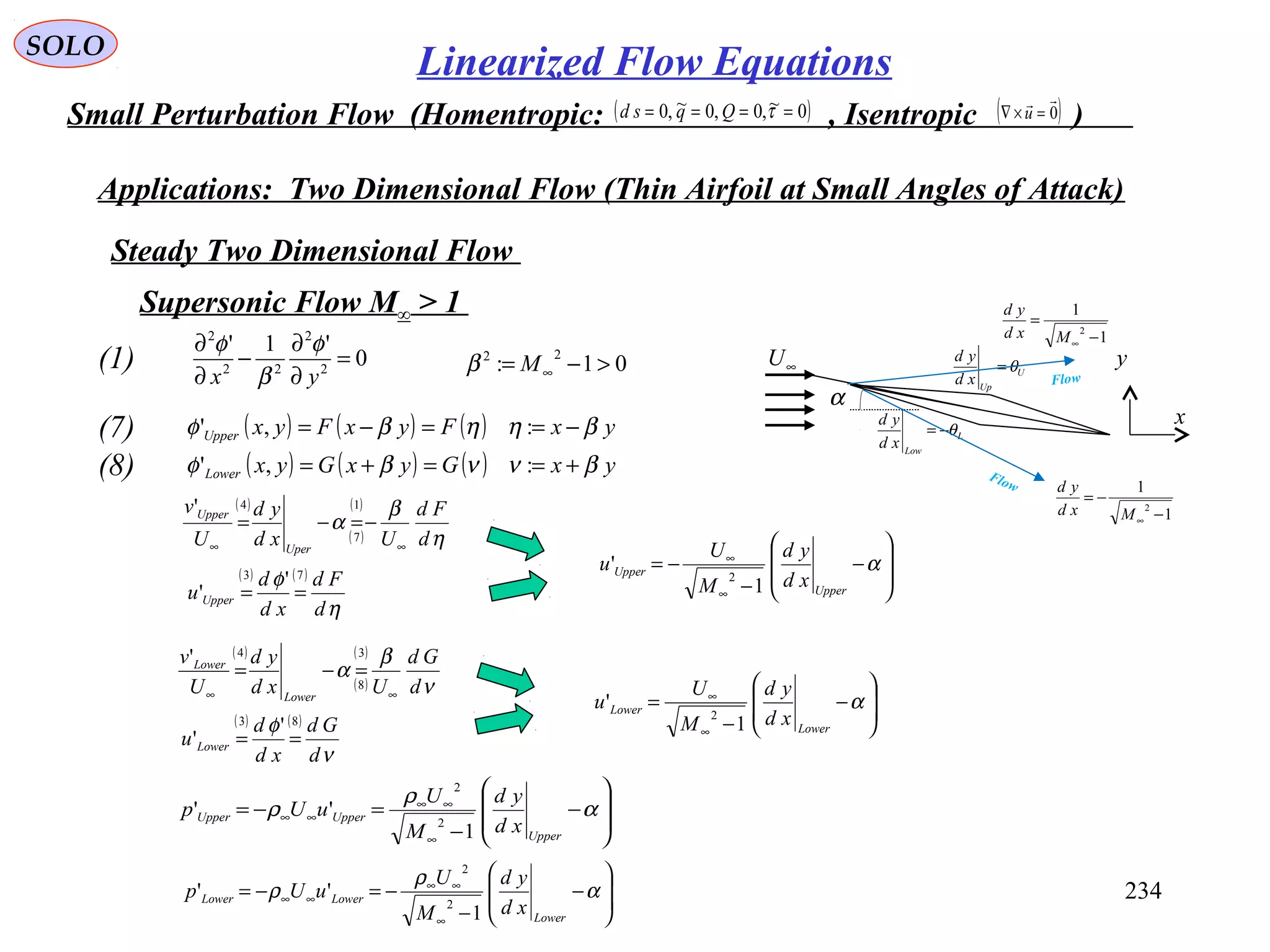 234
SOLO
Small Perturbation Flow (Homentropic: , Isentropic )( )0~,0,0~,0 ==== τQqsd ( )0

=×∇ u
Applications: Two Dimensional Flow (Thin Airfoil at Small Angles of Attack)
0
'1'
2
2
22
2
=
∂
∂
−
∂
∂
yx
φ
β
φ
(1)
( ) ( ) ( )
( ) ( ) ( ) yxGyxGyx
yxFyxFyx
Lower
Upper
βννβφ
βηηβφ
+==+=
−==−=
:,'
:,'(7)
(8)
Steady Two Dimensional Flow
Supersonic Flow M∞ > 1
01:
22
>−= ∞Mβ
α
U
Up
xd
yd
θ=
L
Low
xd
yd
θ−=
∞U
x
y
1
1
2
−
=
∞Mxd
yd
1
1
2
−
−=
∞Mxd
yd
Flow
Flow
( )
( )
( )
η
β
α
d
Fd
Uxd
yd
U
v
Uper
Upper
∞∞
−=−=
1
7
4'
( ) ( )
η
φ
d
Fd
xd
d
u Upper
73
'
' ==








−
−
−=
∞
∞
α
Upper
Upper
xd
yd
M
U
u
1
'
2
( )
( )
( )
ν
β
α
d
Gd
Uxd
yd
U
v
Lower
Lower
∞∞
=−=
3
8
4
'
( ) ( )
ν
φ
d
Gd
xd
d
u Lower
83
'
' ==








−
−
=
∞
∞
α
Lower
Lower
xd
yd
M
U
u
1
'
2








−
−
=−=
∞
∞∞
∞∞ α
ρ
ρ
Upper
UpperUpper
xd
yd
M
U
uUp
1
''
2
2








−
−
−=−=
∞
∞∞
∞∞ α
ρ
ρ
Lower
LowerLower
xd
yd
M
U
uUp
1
''
2
2
Linearized Flow Equations
 