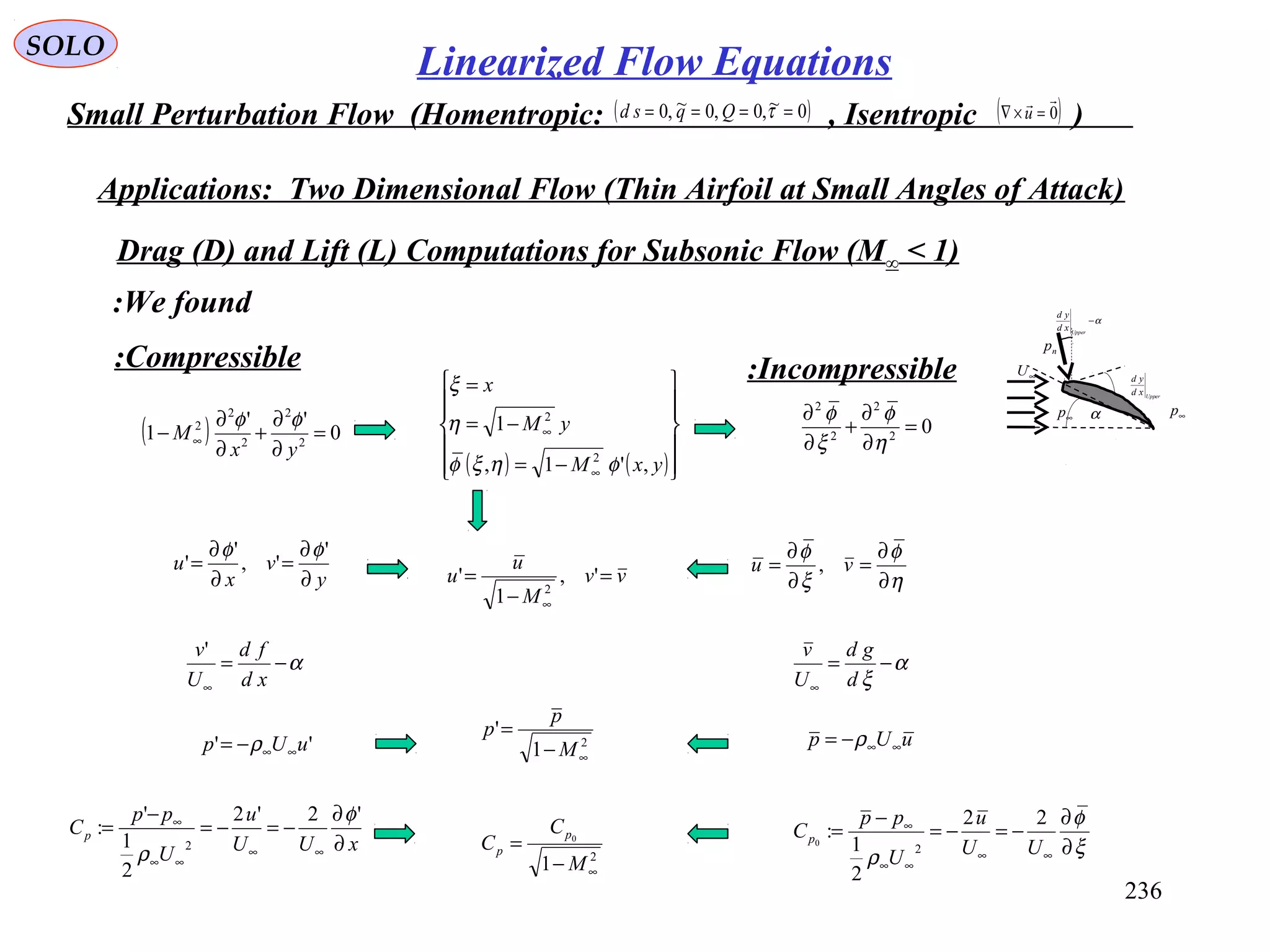 236
SOLO
Small Perturbation Flow (Homentropic: , Isentropic )( )0~,0,0~,0 ==== τQqsd ( )0

=×∇ u
Applications: Two Dimensional Flow (Thin Airfoil at Small Angles of Attack)
Drag (D) and Lift (L) Computations for Subsonic Flow (M∞ < 1)
np
α−
Upper
xd
yd
∞U
Upper
xd
yd
∞p∞p α
We found:
α−=
∞ xd
fd
U
v'
α
ξ
−=
∞ d
gd
U
v
( ) ( )











−=
−=
=
∞
∞
yxM
yM
x
,'1,
1
2
2
φηξφ
η
ξ
( ) 0
''
1 2
2
2
2
2
=
∂
∂
+
∂
∂
− ∞
yx
M
φφ 02
2
2
2
=
∂
∂
+
∂
∂
η
φ
ξ
φ
y
v
x
u
∂
∂
=
∂
∂
=
'
',
'
'
φφ
η
φ
ξ
φ
∂
∂
=
∂
∂
= vu ,
vv
M
u
u =
−
=
∞
',
1
'
2
'' uUp ∞∞−= ρ uUp ∞∞−= ρ
xUU
u
U
pp
Cp
∂
∂
−=−=
−
=
∞∞
∞∞
∞ '2'2
2
1
'
:
2
φ
ρ ξ
φ
ρ ∂
∂
−=−=
−
=
∞∞
∞∞
∞
UU
u
U
pp
Cp
22
2
1
:
2
0
2
1
'
∞−
=
M
p
p
2
1
0
∞−
=
M
C
C
p
p
Compressible: Incompressible:
Linearized Flow Equations
 