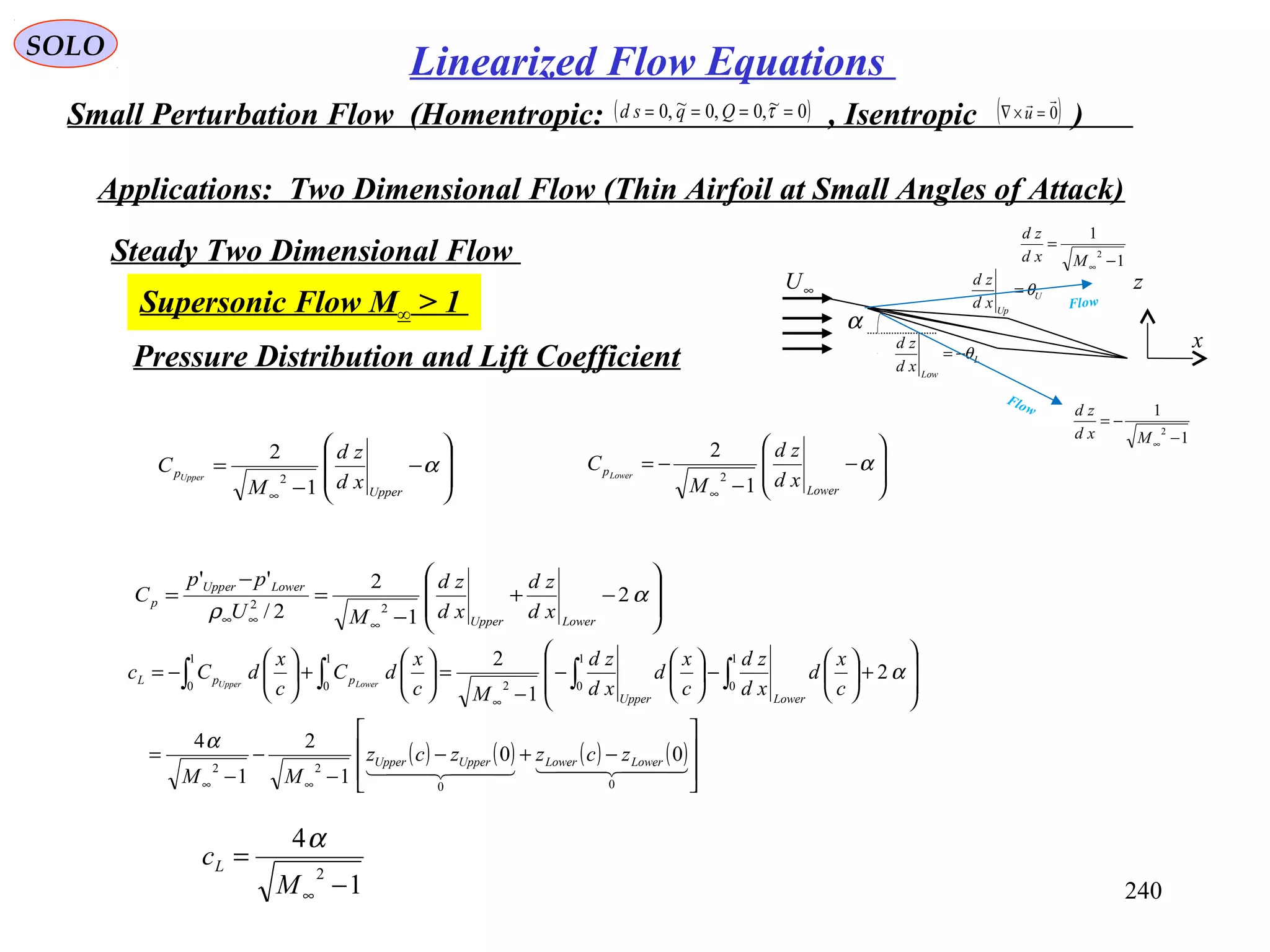 240
SOLO
Linearized Flow Equations
Small Perturbation Flow (Homentropic: , Isentropic )( )0~,0,0~,0 ==== τQqsd ( )0

=×∇ u
Applications: Two Dimensional Flow (Thin Airfoil at Small Angles of Attack)
Steady Two Dimensional Flow
Supersonic Flow M∞ > 1
α
U
Up
xd
zd
θ=
L
Low
xd
zd
θ−=
∞U
x
z
1
1
2
−
=
∞Mxd
zd
1
1
2
−
−=
∞Mxd
zd
Flow
Flow
Pressure Distribution and Lift Coefficient








−+
−
=
−
=
∞∞∞
α
ρ
2
1
2
2/
''
22
LowerUpper
LowerUpper
p
xd
zd
xd
zd
MU
pp
C
1
4
2
−
=
∞M
cL
α
( ) ( ) ( ) ( )








−+−
−
−
−
=








+





−





−
−
=





+





−=
∞∞
∞
∫∫∫∫
    
00
22
1
0
1
02
1
0
1
0
00
1
2
1
4
2
1
2
LowerLowerUpperUpper
LowerUpper
ppL
zczzcz
MM
c
x
d
xd
zd
c
x
d
xd
zd
Mc
x
dC
c
x
dCc LowerUpper
α
α








−
−
=
∞
α
Upper
p
xd
zd
M
C Upper
1
2
2 







−
−
−=
∞
α
Lower
p
xd
zd
M
C Lower
1
2
2
 