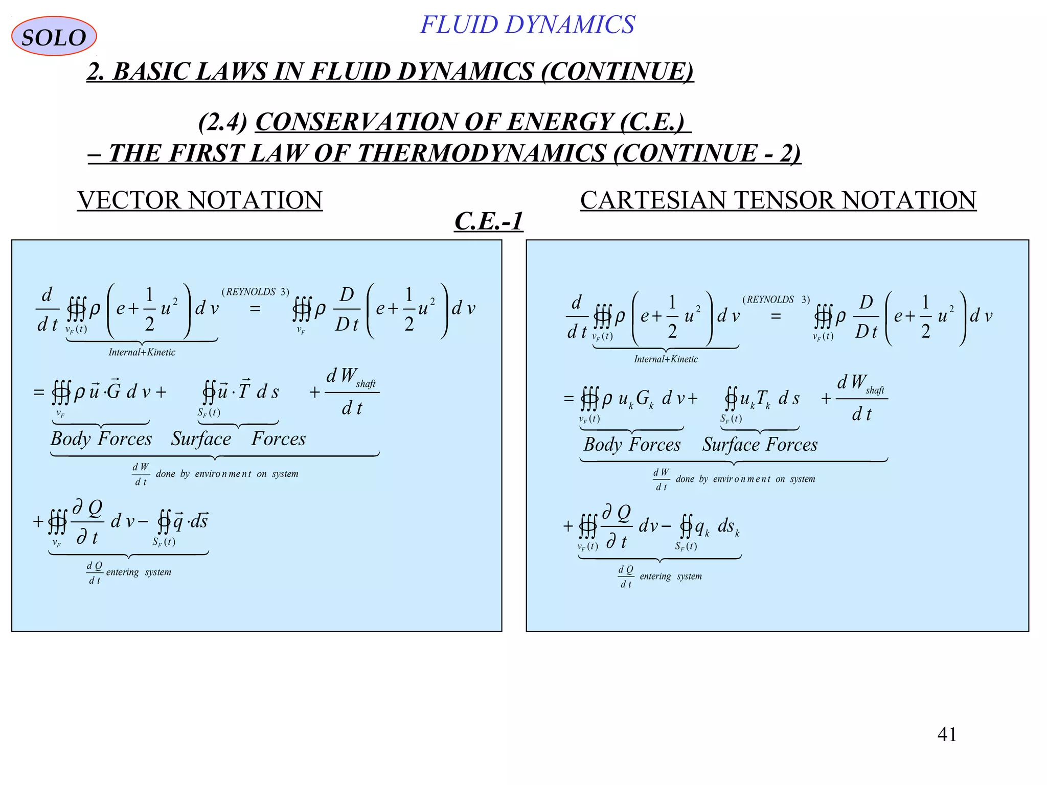 41
FLUID DYNAMICS
2. BASIC LAWS IN FLUID DYNAMICS (CONTINUE)
(2.4) CONSERVATION OF ENERGY (C.E.)
– THE FIRST LAW OF THERMODYNAMICS (CONTINUE - 2)
VECTOR NOTATION CARTESIAN TENSOR NOTATION
C.E.-1
  

  




  
systementering
td
Qd
tSv
systemontnmenenvirobydone
td
Wd
shaft
tSv
v
REYNOLDS
KineticInternal
tv
FF
FF
FF
sdqvd
t
Q
td
Wd
ForcesSurface
sdTu
ForcesBody
vdGu
vdue
tD
D
vdue
td
d
∫∫∫∫∫
∫∫∫∫∫
∫∫∫∫∫∫
⋅−+
+⋅+⋅=






+=





+
+
)(
)(
2
)3(
)(
2
2
1
2
1
∂
∂
ρ
ρρ
  
  
  
  
systementering
td
Qd
tS
kk
tv
systemontnemnoenvirbydone
td
Wd
shaft
tS
kk
tv
kk
tv
REYNOLDS
KineticInternal
tv
FF
FF
FF
dsqvd
t
Q
td
Wd
ForcesSurface
sdTu
ForcesBody
vdGu
vdue
tD
D
vdue
td
d
∫∫∫∫∫
∫∫∫∫∫
∫∫∫∫∫∫
−+
++=






+=





+
+
)()(
)()(
)(
2
)3(
)(
2
2
1
2
1
∂
∂
ρ
ρρ
SOLO
 