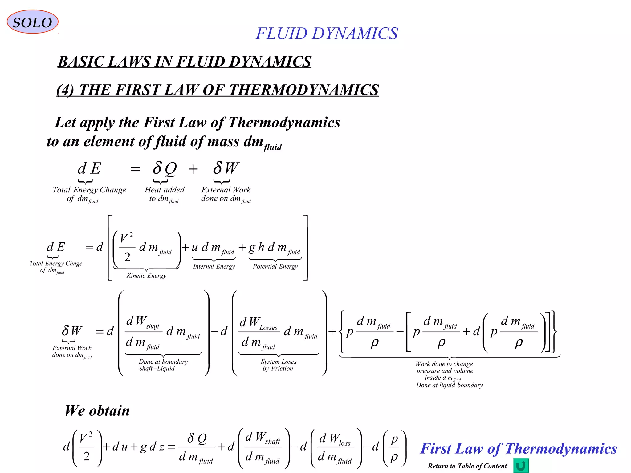 46
BASIC LAWS IN FLUID DYNAMICS
(4) THE FIRST LAW OF THERMODYNAMICS
SOLO
Let apply the First Law of Thermodynamics
to an element of fluid of mass dmfluid
  
fluidfluidfluid dmondone
WorkExternal
dmto
addedHeat
dmof
ChangeEnergyTotal
WQEd δδ +=













++





=

 EnergyPotential
fluid
EnergyInternal
fluid
EnergyKinetic
fluid
dmof
ChngeEnergyTotal
mdhgmdumd
V
dEd
fluid
2
2

      
boundaryliquidatDone
mdinside
volumeandpressure
changetodoneWork
fluidfluidfluid
Frictionby
LosesSystem
fluid
fluid
Losses
LiquidShaft
boundaryatDone
fluid
fluid
shaft
dmondone
WorkExternal
fluid
fluid
md
pd
md
p
md
pmd
md
Wd
dmd
md
Wd
dW






















+−+














−














=
−
ρρρ
δ
We obtain






−








−








+=++





ρ
δ p
d
md
Wd
d
md
Wd
d
md
Q
zdgud
V
d
fluid
loss
fluid
shaft
fluid2
2
First Law of Thermodynamics
FLUID DYNAMICS
Return to Table of Content
 