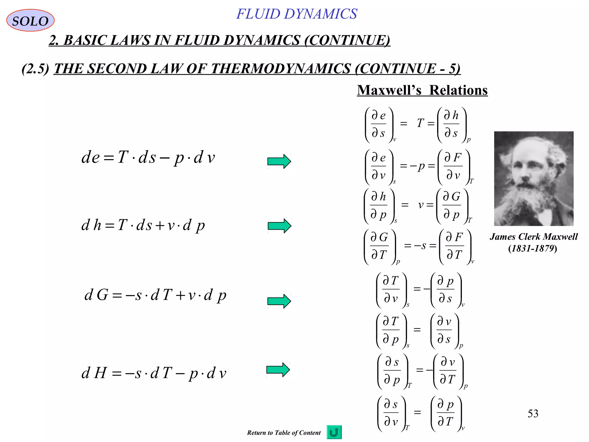 53
FLUID DYNAMICS
2. BASIC LAWS IN FLUID DYNAMICS (CONTINUE)
(2.5) THE SECOND LAW OF THERMODYNAMICS (CONTINUE - 5)
SOLO
Maxwell’s Relations
vdpsdTed ⋅−⋅=
pdvsdThd ⋅+⋅=
pdvTdsGd ⋅+⋅−=
vdpTdsHd ⋅−⋅−=
Ts
pv
v
F
p
v
e
s
h
T
s
e






∂
∂
=−=





∂
∂






∂
∂
==





∂
∂
vp
Ts
T
F
s
T
G
p
G
v
p
h






∂
∂
=−=





∂
∂






∂
∂
==





∂
∂
ps
vs
s
v
p
T
s
p
v
T






∂
∂
=





∂
∂






∂
∂
−=





∂
∂
vT
pT
T
p
v
s
T
v
p
s






∂
∂
=





∂
∂






∂
∂
−=





∂
∂
James Clerk Maxwell
(1831-1879)
Return to Table of Content
 