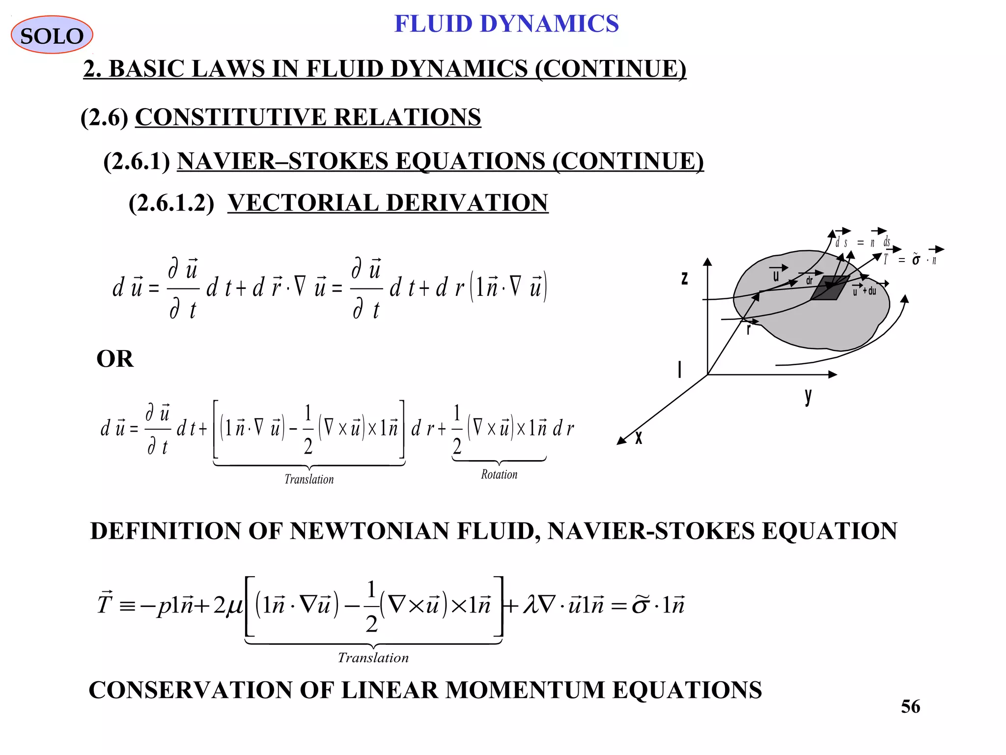 56
FLUID DYNAMICS
2. BASIC LAWS IN FLUID DYNAMICS (CONTINUE)
(2.6) CONSTITUTIVE RELATIONS
(2.6.1) NAVIER–STOKES EQUATIONS (CONTINUE)
(2.6.1.2) VECTORIAL DERIVATION
I
x
y
z
T n= ⋅~σ
d s n ds=
r
dru
u +du( )unrdtd
t
u
urdtd
t
u
ud





∇⋅+=∇⋅+= 1
∂
∂
∂
∂
( ) ( ) ( ) rdnurdnuuntd
t
u
ud
RotationnTranslatio


  



1
2
1
1
2
1
1 ××∇+





××∇−∇⋅+=
∂
∂
OR
DEFINITION OF NEWTONIAN FLUID, NAVIER-STOKES EQUATION
( ) ( ) nnunuunnpT
nTranslatio

  

1~11
2
1
121 ⋅=⋅∇+





××∇−∇⋅+−≡ σλµ
CONSERVATION OF LINEAR MOMENTUM EQUATIONS
SOLO
 