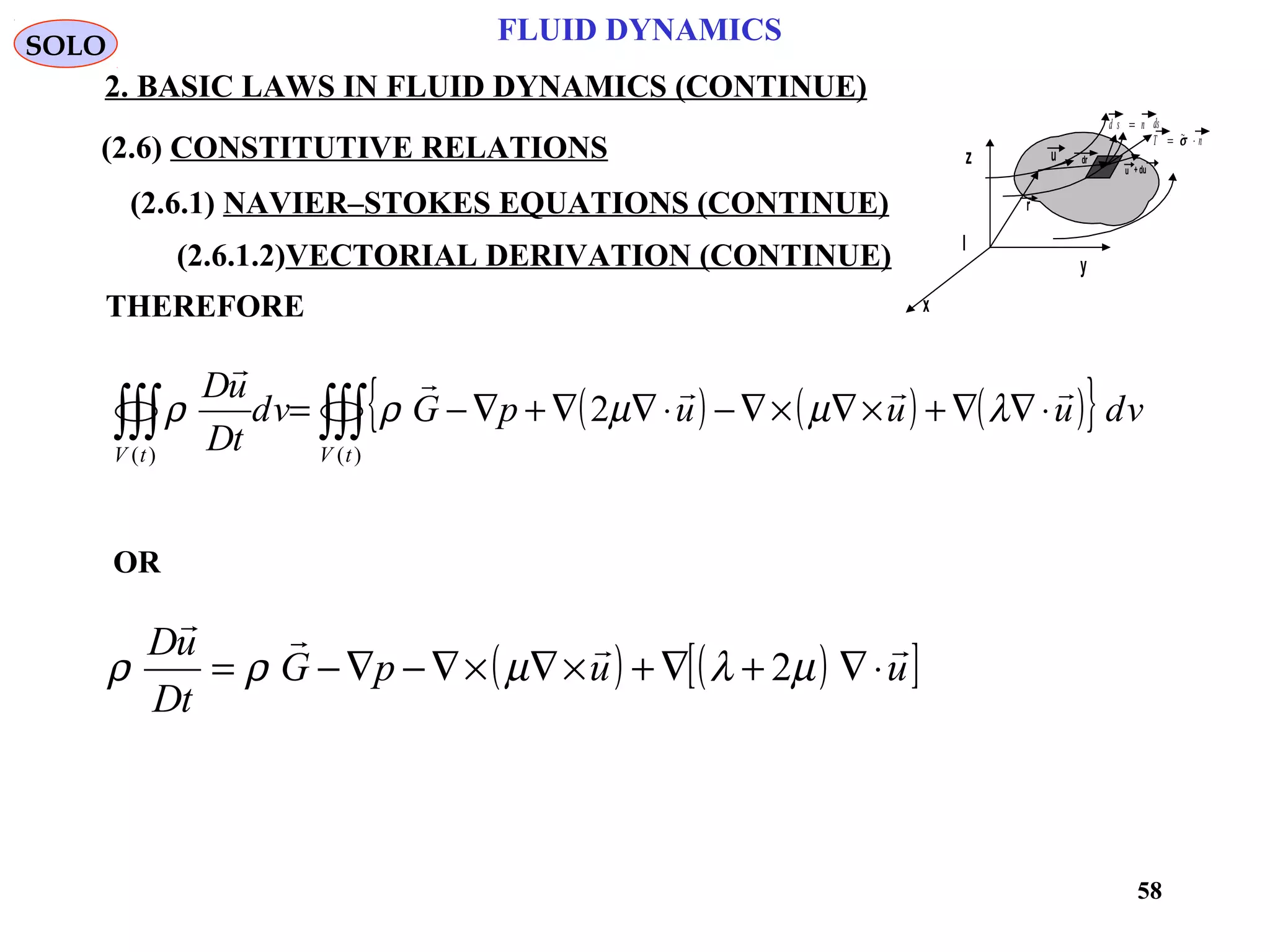 58
FLUID DYNAMICS
2. BASIC LAWS IN FLUID DYNAMICS (CONTINUE)
I
x
y
z
T n= ⋅~σ
d s n ds=
r
dru
u + du
THEREFORE
( ) ( ) ( ){ }∫∫∫∫∫∫ ⋅∇∇+×∇×∇−⋅∇∇+∇−=
)()(
2
tVtV
vduuupGvd
tD
uD 
λµµρρ
OR
( ) ( )[ ]uupG
tD
uD 
⋅∇+∇+×∇×∇−∇−= µλµρρ 2
SOLO
(2.6) CONSTITUTIVE RELATIONS
(2.6.1) NAVIER–STOKES EQUATIONS (CONTINUE)
(2.6.1.2)VECTORIAL DERIVATION (CONTINUE)
 