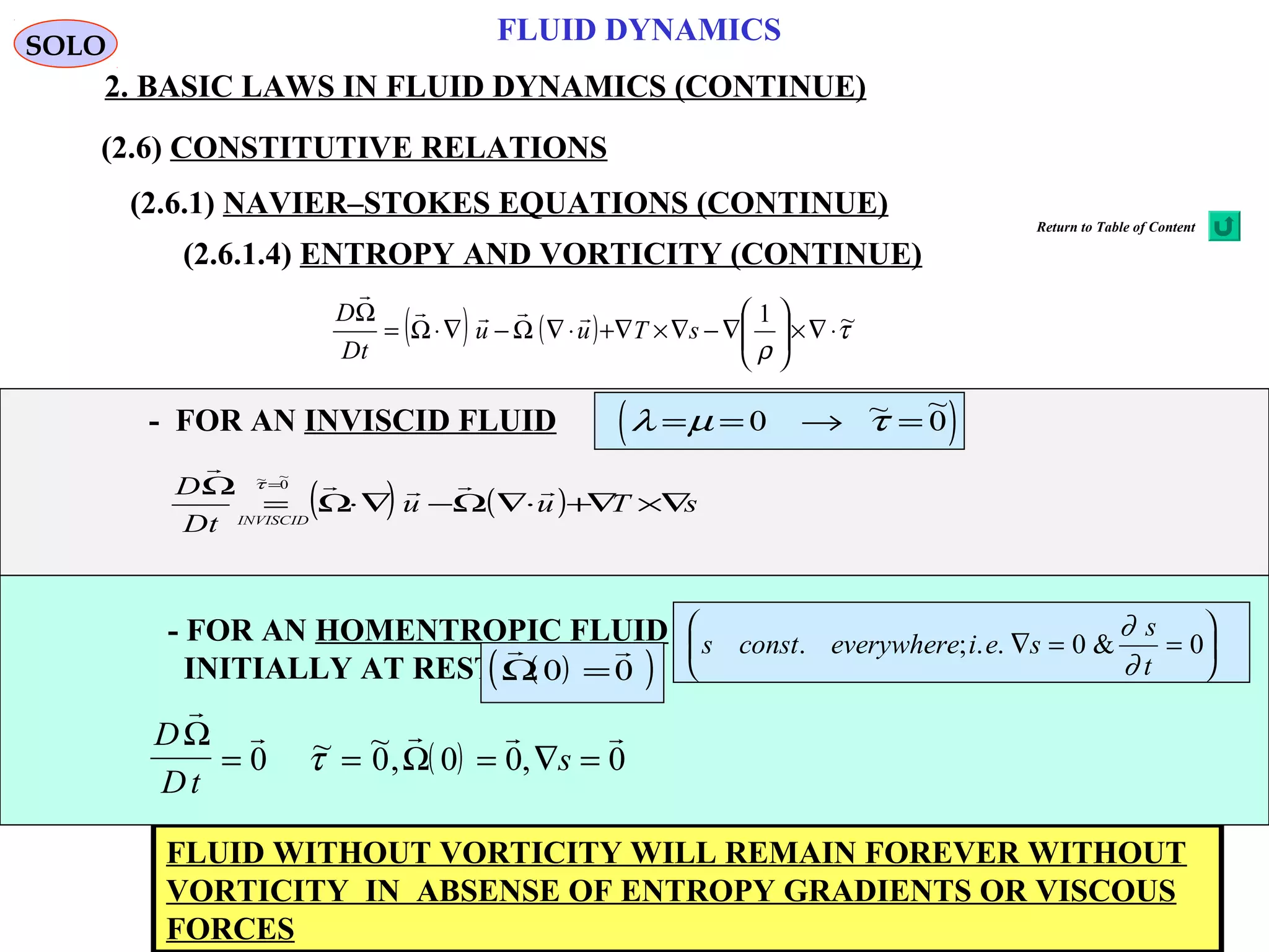 67
FLUID DYNAMICS
2. BASIC LAWS IN FLUID DYNAMICS (CONTINUE)
(2.6) CONSTITUTIVE RELATIONS
(2.6.1) NAVIER–STOKES EQUATIONS (CONTINUE)
(2.6.1.4) ENTROPY AND VORTICITY (CONTINUE)
( ) ( ) τ
ρ
~1
⋅∇×





∇−∇×∇+⋅∇Ω−∇⋅Ω=
Ω
sTuu
tD
D 

FLUID WITHOUT VORTICITY WILL REMAIN FOREVER WITHOUT
VORTICITY IN ABSENSE OF ENTROPY GRADIENTS OR VISCOUS
FORCES
- FOR AN INVISCID FLUID ( )λ µ τ= = → =0 0~ ~
( ) ( ) sTuu
tD
D
INVISCID
∇×∇+⋅∇Ω−∇⋅Ω=
Ω = 

0
~~τ
- FOR AN HOMENTROPIC FLUID
INITIALLY AT REST
s const everywhere i e s
s
t
. ; . . &∇ = =





0 0
∂
∂( )( )
 
Ω 0 0=
( )
D
Dt
s

   Ω
Ω= = = ∇ =0 0 0 0 0~ ~
, ,τ
SOLO
Return to Table of Content
 