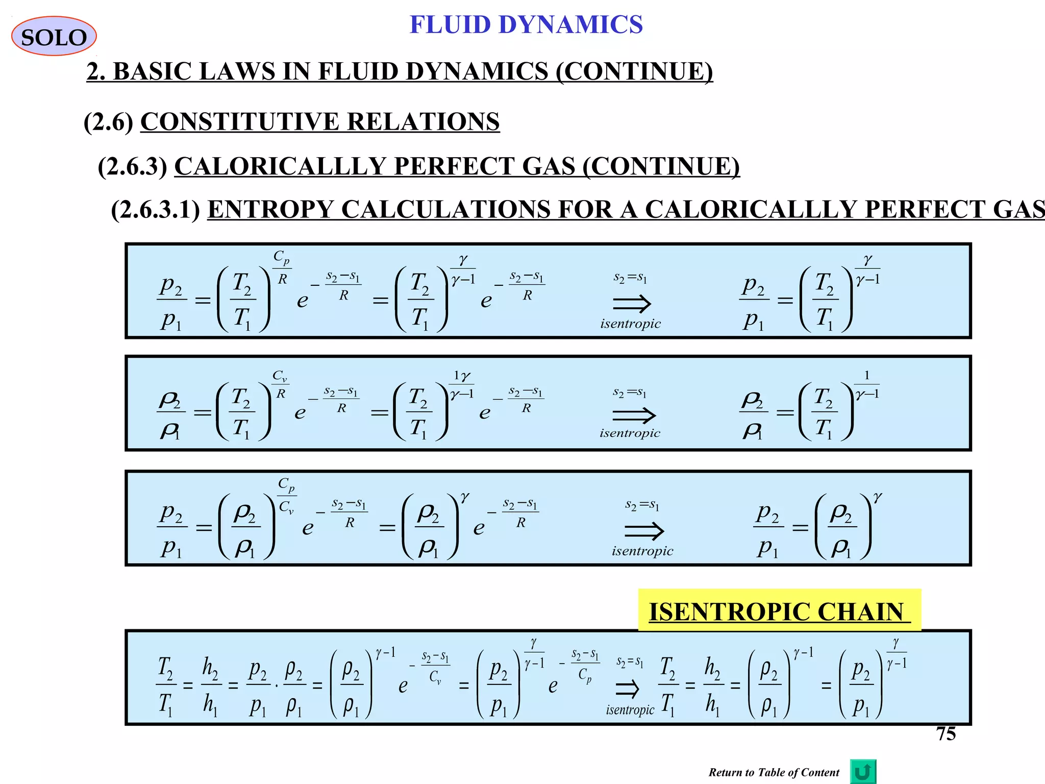75
FLUID DYNAMICS
2. BASIC LAWS IN FLUID DYNAMICS (CONTINUE)
(2.6) CONSTITUTIVE RELATIONS
(2.6.3) CALORICALLLY PERFECT GAS (CONTINUE)
(2.6.3.1) ENTROPY CALCULATIONS FOR A CALORICALLLY PERFECT GAS
p
p
T
T
e
T
T
e
p
p
T
T
C
R s s
R
s s
R
isentropic
s s
p
2
1
2
1
2
1
1
2
1
2
1
12 1 2 1 2 1
=





 =





 =






−
− − −
− = −
⇒
γ
γ
γ
γ
ρ
ρ
ρ
ρ
γ
γ γ
2
1
2
1
2
1
1
1
2
1
2
1
1
12 1 2 1 2 1
=





 =





 =






−
− − −
− = −
⇒
T
T
e
T
T
e
T
T
C
R s s
R
s s
R
isentropic
s s
v
p
p
e e
p
p
C
C s s
R
s s
R
isentropic
s s
p
v
2
1
2
1
2
1
2
1
2
1
2 1 2 1 2 1
=





 =





 =






−
−
−
− =
⇒
ρ
ρ
ρ
ρ
ρ
ρ
γ γ
T
T
h
h
p
p
e
p
p
e
T
T
h
h
p
p
s s
C
s s
C
isentropic
s s
v p2
1
2
1
2
1
2
1
2
1
1
2
1
1
2
1
2
1
2
1
1
2
1
12 1 2 1
2 1
= = ⋅ =





 =





 = =





 =






−
−
−
− −
−
=
−
−
⇒
ρ
ρ
ρ
ρ
ρ
ρ
γ
γ
γ
γ
γ
γ
ISENTROPIC CHAIN
SOLO
Return to Table of Content
 