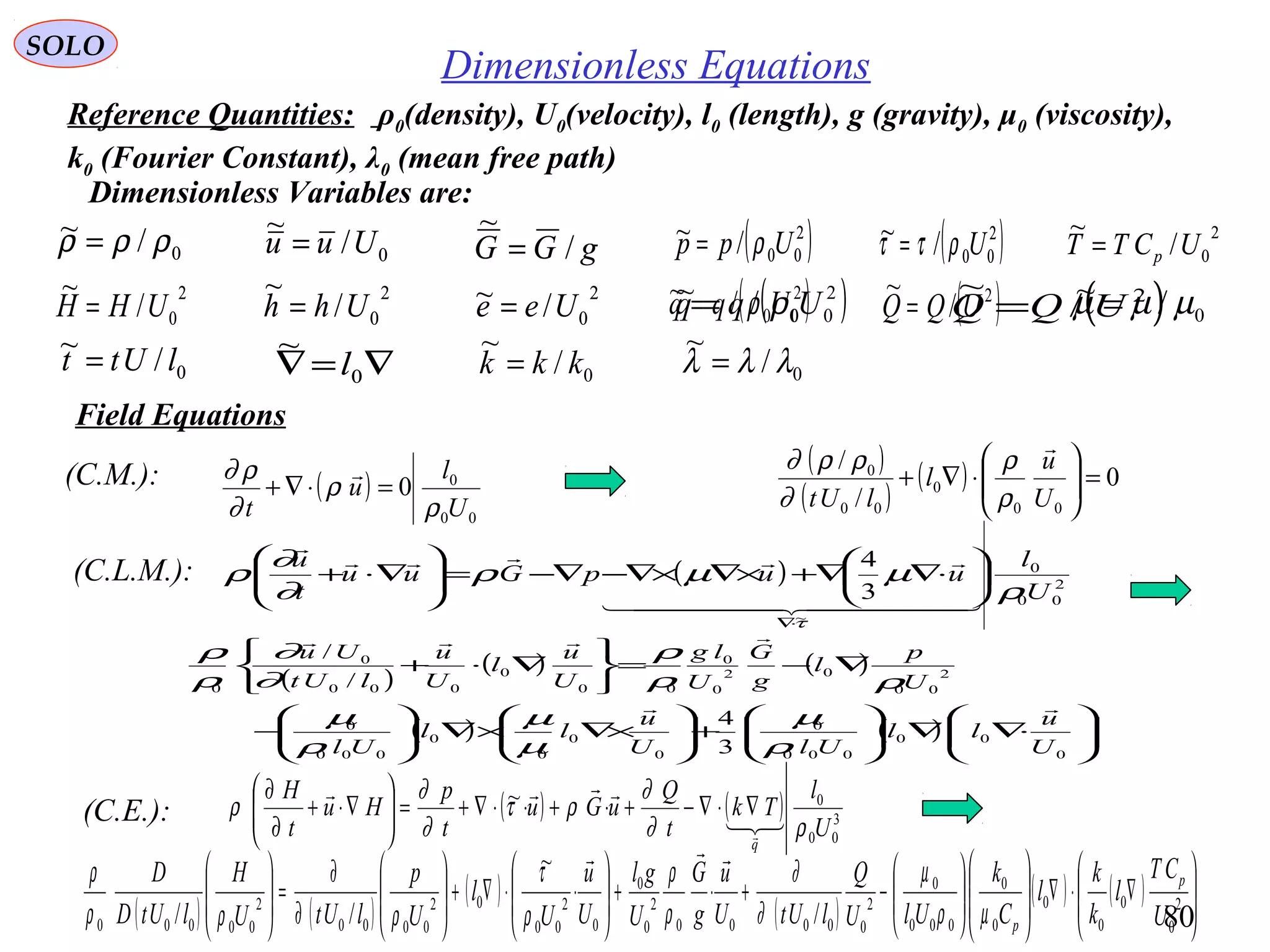 80
SOLO
Dimensionless Equations
Dimensionless Variables are:
0/~ ρρρ = 0/
~
Uuu = gGG /
~
= ( )2
00/~ Upp ρ=
0/~ lUtt =
2
0/
~
UCTT p=( )2
00/~ Uρττ =
2
0/
~
UHH =
2
0/
~
Uhh =
2
0/~ Uee = ( )2
00/~ Uqq ρ= ( )2
/
~
UQQ =
∇=∇ 0
~
l
Field Equations
(C.M.): ( )
00
0
0
U
l
u
t ρ
ρ
∂
ρ∂
=⋅∇+

( ) 2
00
0
~
3
4
U
l
uupGuu
t
u
ρ
µµρ
∂
∂
ρ
τ
  


⋅∇






⋅∇∇+×∇×∇−∇−=





∇⋅+(C.L.M.):
( ) ( ) 3
00
0~
U
l
Tk
t
Q
uGu
t
p
Hu
t
H
q
ρ∂
∂
ρτ
∂
∂
ρ



∇⋅∇−+⋅+⋅⋅∇+=





∇⋅+
∂
∂
(C.E.):
( )
( )
( ) 0
/
/
00
0
00
0
=





⋅∇+
U
u
l
lUt

ρ
ρ
∂
ρρ∂
( )
( ) ( )
( ) ( ) 





⋅∇∇





+





×∇×∇





−
∇−=






∇⋅+
0
00
000
0
0
0
0
0
000
0
2
00
02
0
0
00
0
000
0
0
3
4
/
/
U
u
ll
UlU
u
ll
Ul
U
p
l
g
G
U
lg
U
u
l
U
u
lUt
Uu


ρ
µ
µ
µ
ρ
µ
ρρ
ρ
∂
∂
ρ
ρ
( ) ( )
( )
( )
( ) ( ) 







∇⋅∇














−+⋅+







⋅⋅∇+







∂
∂
=







2
0
0
0
0
0
0
000
0
2
00000
2
0
0
0
2
00
02
0000
2
00000 /
~
// U
CT
l
k
k
l
C
k
UlU
Q
lUtU
u
g
G
U
gl
U
u
U
l
U
p
lUtU
H
lUtD
D p
pµρ
µ
∂
∂
ρ
ρ
ρ
τ
ρρρ
ρ

0/~ ρρρ = 0/
~
Uuu = gGG /
~
= ( )2
00/~ Upp ρ=
0/~ lUtt =
2
0/
~
UCTT p=( )2
00/~ Uρττ =
2
0/
~
UHH =
2
0/
~
Uhh =
2
0/~ Uee = ( )2
00/~ Uqq ρ= ( )2
/
~
UQQ =
∇=∇ 0
~
l
0/~ µµµ =
0/
~
kkk =
Reference Quantities: ρ0(density), U0(velocity), l0 (length), g (gravity), μ0 (viscosity),
k0 (Fourier Constant), λ0 (mean free path)
0/
~
λλλ =
 