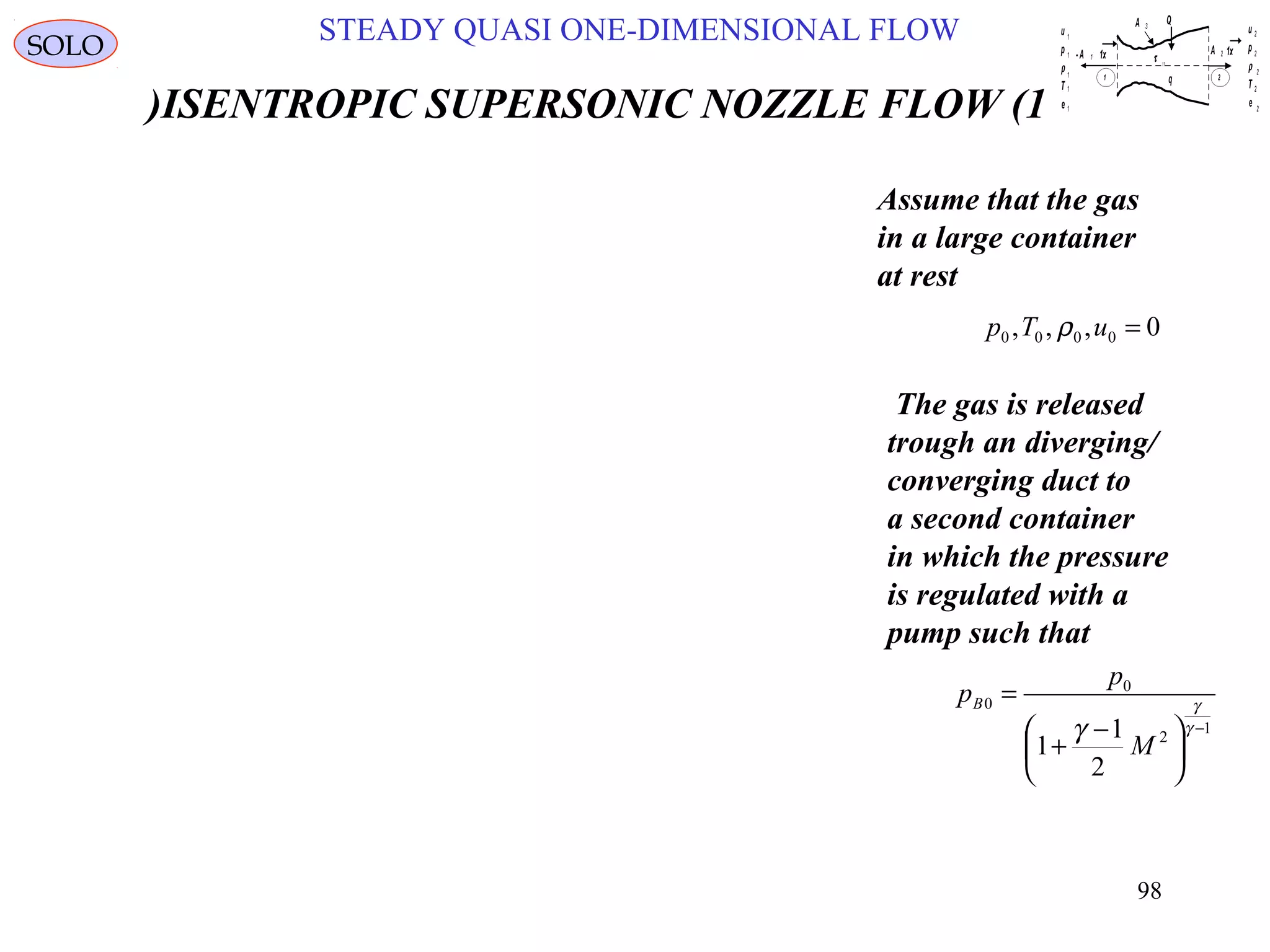 98
STEADY QUASI ONE-DIMENSIONAL FLOWSOLO
ISENTROPIC SUPERSONIC NOZZLE FLOW (1)
Assume that the gas
in a large container
at rest
0,,, 0000 =uTp ρ
The gas is released
trough an diverging/
converging duct to
a second container
in which the pressure
is regulated with a
pump such that
1
2
0
0
2
1
1
−





 −
+
=
γ
γ
γ
M
p
pB
u
p
ρ
T
e
1
1
1
1
1
1 2
u
p
ρ
e
2
2
2
2
T 2
A 2 1x1x-A 1
q
Q
τ 11
A 3
 