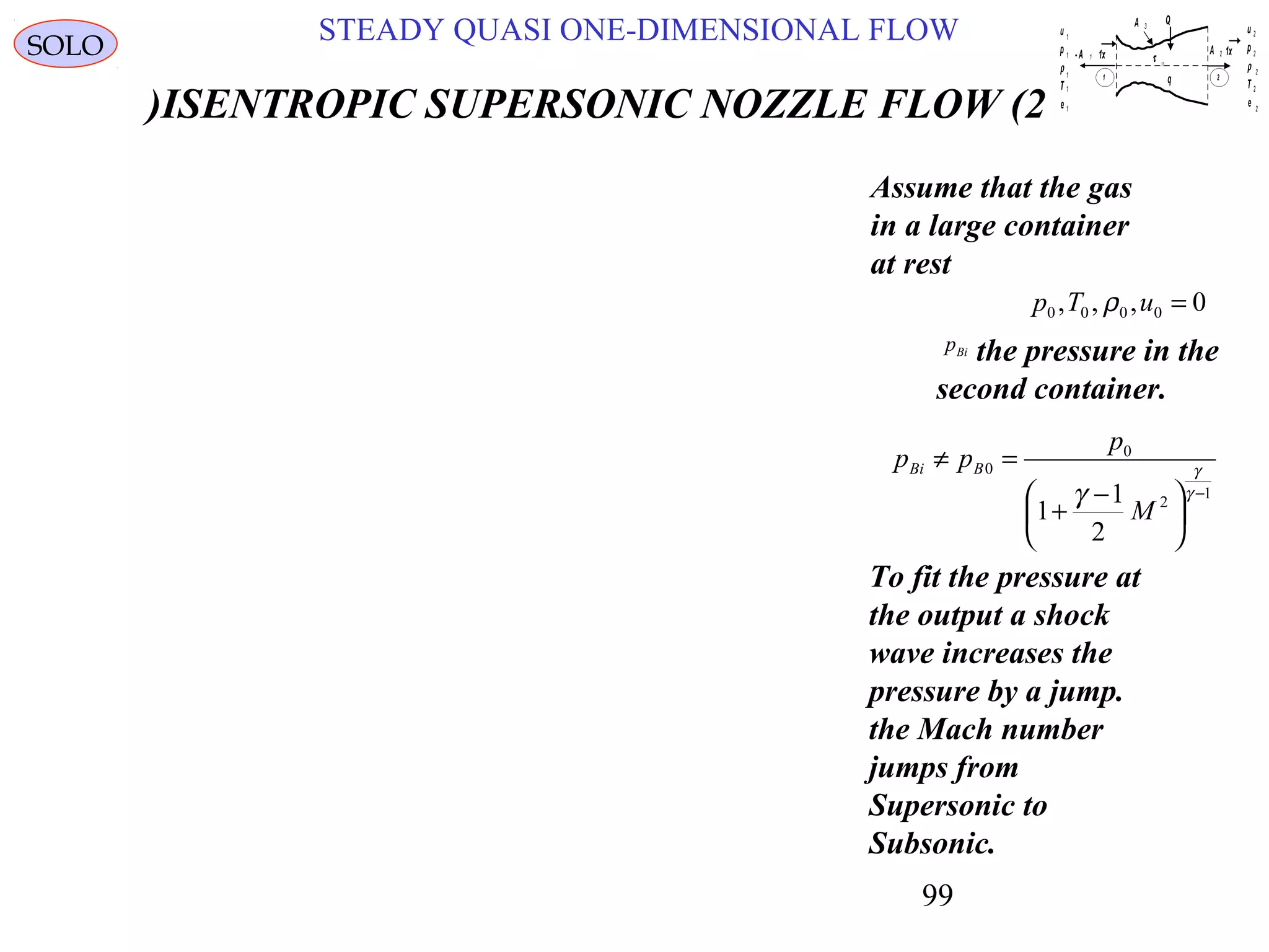 99
STEADY QUASI ONE-DIMENSIONAL FLOWSOLO
ISENTROPIC SUPERSONIC NOZZLE FLOW (2)
Assume that the gas
in a large container
at rest
0,,, 0000 =uTp ρ
To fit the pressure at
the output a shock
wave increases the
pressure by a jump.
the Mach number
jumps from
Supersonic to
Subsonic.
1
2
0
0
2
1
1
−





 −
+
=≠
γ
γ
γ
M
p
pp BBi
the pressure in the
second container.
Bip
u
p
ρ
T
e
1
1
1
1
1
1 2
u
p
ρ
e
2
2
2
2
T 2
A 2 1x1x-A 1
q
Q
τ 11
A 3
 