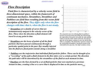 105
AERODYNAMICS
Fluid flow is characterized by a velocity vector field in
three-dimensional space, within the framework of
continuum mechanics. Streamlines, Streaklines and
Pathlines are field lines resulting from this vector field
description of the flow. They differ only when the flow
changes with time: that is, when the flow is not steady.
• Streamlines are a family of curves that are
instantaneously tangent to the velocity vector of the
flow. These show the direction a fluid element will
travel in at any point in time.
• Streaklines are the locus of points of all the fluid
particles that have passed continuously through a
particular spatial point in the past. Dye steadily injected
into the fluid at a fixed point extends along a streakline
• Pathlines are the trajectories that individual fluid particles follow. These can be thought of as
a "recording" of the path a fluid element in the flow takes over a certain period. The direction
the path takes will be determined by the streamlines of the fluid at each moment in time.
• Timelines are the lines formed by a set of fluid particles that were marked at a previous
instant in time, creating a line or a curve that is displaced in time as the particles move.
The red particle moves in a flowing fluid; its pathline is
traced in red; the tip of the trail of blue ink released from
the origin follows the particle, but unlike the static pathline
(which records the earlier motion of the dot), ink released
after the red dot departs continues to move up with the flow.
(This is a streakline.) The dashed lines represent contours of
the velocity field (streamlines), showing the motion of the
whole field at the same time. (See high resolution version.
Flow Description
SOLO
 