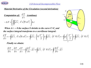 118
3-D Inviscid Incompressible FlowSOLO
tV ∆

( ) tVV ∆∆+

S∆
Sn ∆1
V

×∇
t
r

∆
tt
r ∆+
∆

t
C
tt
C ∆+
Material Derivative of the Circulation (second derivation)
( ) tVVrd
S
t
∆








×∇×⋅=Γ∆− ∫∫

When Δ t → 0 the surface S shrinks to the curve C=Ct and
the surface integral transforms to a curvilinear integral:
( ) ( ) ( )∫∫∫∫∫ ∇⋅⋅+





−=∇⋅⋅+





∇⋅−=×∇×⋅−=
Γ
C
t
CC
t
C
t
C
t
VVrd
V
dVVrd
V
rdVVrd
td
d 


0
22
22
Computation of: (continue)
td
d Γ
Finally we obtain:
( ) ∫∫∫ ⋅=∇⋅⋅+⋅
∂
∂
=
Γ
+
∂
Γ∂
=
Γ
tt CC
t
C
rd
tD
VD
VVrdrd
t
V
td
d
ttD
D



 