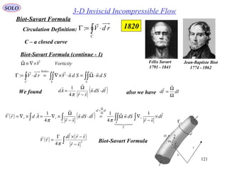 121
3-D Inviscid Incompressible FlowSOLO
Circulation Definition: ∫ ⋅=Γ
C
rdV

:
C – a closed curve
Biot-Savart Formula (continue - 1)
1820
Jean-Baptiste Biot
1774 - 1862
VorticityV

×∇≡Ω
( )lddSn
sr
Ad




⋅
−
Ω
=
π4
1
We found
∫∫∫∫∫ ⋅Ω=⋅×∇=⋅=Γ
SS
Stokes
C
SdnSdnVrdV

:
also we have dlld
Ω
Ω
=


( ) ( ) ∫∫∫∫∫ ×
−
∇⋅Ω=⋅
−
Ω
×∇=×∇=
Γ
Ω
Ω
=
ld
sr
dSnlddSn
sr
AdrV r
S
dlld
v
rr









1
4
1
4
1
ππ
( ) ( )
∫ −
−×Γ
= 3
4 sr
srld
rV 


π Biot-Savart Formula
Félix Savart
1791 - 1841
Biot-Savart Formula
 