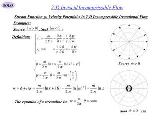 130
2-D Inviscid Incompressible Flow
Examples:
SOLO
Stream Function ψ, Velocity Potential φ in 2-D Incompressible Irrotational Flow







∂
∂
−=
∂
∂
==
∂
∂
=
∂
∂
==
rr
v
rrr
m
ur
ψ
θ
φ
θ
ψφ
π
θ
1
0:
1
2
:
( )













==
+==
−
x
ymm
yx
m
r
m
1
22
tan
22
ln
2
ln
2
π
θ
π
ψ
ππ
φ
( ) ( ) z
m
re
m
ir
m
iw i
ln
2
ln
2
ln
2 ππ
θ
π
ψφ θ
==+=+=
Definition:
Source , Sink :( )0>m ( )0<m
Sink 0<m
Source 0>m
The equation of a streamline is: const
m
== θ
π
ψ
2
 