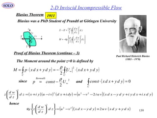 139
SOLO
2-D Inviscid Incompressible Flow
Paul Richard Heinrich Blasius
(1883 – 1970)
Blasius was a PhD Student of Prandtl at Götingen University














−=






=−
∫
∫
C
C
zd
zd
wd
zM
zd
zd
wdi
iYX
2
2
2
2
ρ
ρ
Re
1911Blasius Theorem
Proof of Blasius Theorem (continue – 3)
( )( ) ( ) ( )( )ydxixdyiydyxdxvuivudyixdviuyixzd
zd
wd
z ++−−−=+−+=





2222
2
The Moment around the point z=0 is defined by
( ) ( )∫∫ +⋅−=+⋅= ∞
CC
ydyxdxUydyxdxpM
2
2
ρ
since 2
2
∞−= Uconstp
Bernoulli ρ
and ( ) 0=+⋅∫C
ydyxdxconst
hence
( )( ) ( )xdyydxvuydyxdxvuzd
zd
wd
z ++−−=














222
2
Re
x
y
xδ
yδ
β
sd
M
X
Y
 