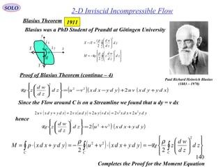 140
SOLO
2-D Inviscid Incompressible Flow
Paul Richard Heinrich Blasius
(1883 – 1970)
Blasius was a PhD Student of Prandtl at Götingen University














−=






=−
∫
∫
C
C
zd
zd
wd
zM
zd
zd
wdi
iYX
2
2
2
2
ρ
ρ
Re
1911Blasius Theorem
Proof of Blasius Theorem (continue – 4)
( ) ( ) ( )














−=+⋅+−=+⋅= ∫∫∫ CCC
zd
zd
wd
zydyxdxvuydyxdxpM
2
22
22
ρρ
Re
hence
( )( ) ( )xdyydxvuydyxdxvuzd
zd
wd
z ++−−=














222
2
Re
Since the Flow around C is on a Streamline we found that u dy = v dx
( ) ( ) ( ) ydyuxdxvxdvyuyduxvxdyydxvu 22
22222 +=+=+
( ) ( )ydyxdxvuzd
zd
wd
z ++=













 22
2
2Re
Completes the Proof for the Moment Equation
x
y
xδ
yδ
β
sd
M
X
Y
 