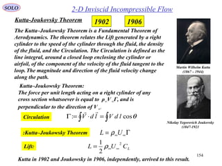 154
Martin Wilhelm Kutta
(1867 – 1944)
Nikolay Yegorovich Joukovsky
(1847-1921
Kutta-Joukovsky Theorem
The Kutta–Joukowsky Theorem is a Fundamental Theorem of
Aerodynamics. The theorem relates the Lift generated by a right
cylinder to the speed of the cylinder through the fluid, the density
of the fluid, and the Circulation. The Circulation is defined as the
line integral, around a closed loop enclosing the cylinder or
airfoil, of the component of the velocity of the fluid tangent to the
loop. The magnitude and direction of the fluid velocity change
along the path.
The force per unit length acting on a right cylinder of any
cross section whatsoever is equal to ρ∞V∞Γ, and is
perpendicular to the direction of V∞.
Kutta–Joukowsky Theorem:
2-D Inviscid Incompressible Flow
19061902
Γ= ∞∞UL ρKutta–Joukowsky Theorem:
LCUL
2
2
1
∞∞= ρLift:
Kutta in 1902 and Joukowsky in 1906, independently, arrived to this result.
Circulation ∫∫ =⋅=Γ θcos: ldVldV

SOLO
 