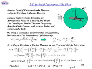 155
SOLO
2-D Inviscid Incompressible Flow
General Proof of Kutta-Joukovsky Theorem
Using the Corollary to Blasius Theorem
Suppose that we wish to determine the
Aerodynamic Force on a Body of Any Shape.
Use Corollary to Blasius Theorem, integrating
Round a Circle Contour with a Large Radius and
Center on the Body
( ) z
i
z
aU
zUzw ln
2
2
π
Γ
−+= ∞
∞
The proof is identical to development in the Example of
Flow around a Two Dimensional Cylinder using
According to Corollary to Blasius Theorem we use C’ instead of C for Integration
z
i
z
aU
U
zd
wd 1
22
2
π
Γ
−−= ∞
∞
LiftiDragUi
Ui
i
i
z
Ui
Residue
i
zd
z
Uii
zd
z
i
z
aU
U
i
zd
zd
wdi
zd
zd
wdi
iYX
CCCC
+=Γ=




 Γ
−=




 Γ
−=





 Γ
−=




 Γ
−−=





=





=−
∞
∞∞
∞∞
∞ ∫∫∫∫
ρ
π
π
ρ
π
ρ
π
ρ
π
ρρρ
2
2
1
2
1
2
1
2222 ''
2
2
2
'
22
Therefore 0& =Γ== ∞ DragULLift ρ
q.e.d.
02 =





==⋅∫ zenclosesCif
z
A
ResidueAizd
z
A
C
πwhere we used:
C
'C
∞U
L
D
 