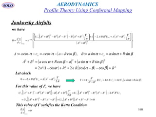 160
we have
( ) ( )[ ] ( ) ( )
( )














+





 Γ
++−+




 Γ
+−−−+
==
∞∞
−
=
222
22222222222
2
2
2
0
BA
BAAURBAiBABBARBAU
e
zd
wd i
az
ππα
( ) βααβαα sinsinsin:,coscoscos: RacaBRaacaA yx +=+=−−=−=
( ) ( )
( ) ( )[ ] 222
2222
coscos2cos12
sinsincoscos
RRaRa
RaaRaBA
≈−−++−=
++−+=+
ββαα
βαβα
( ) π2
20 222 Γ
++−= ∞ BAAURBA ( )βαπππ sinsin444 22
2
RaUUBUB
BA
R
+=≈
+
=Γ ∞∞∞
( ) ( )[ ] ( ) ( ) ( )[ ]
( ) ( )[ ] ( )( ) 0
2
2
22222222222
2222222222222222
≈−++=+−+=
−−−+=
Γ
+−−−+
∞∞
∞∞∞
RBABAUBARBAU
URBBARBAUBABBARBAU
π
Let check
For this value of Γ, we have
This value of Γ satisfies the Kutta Condition
0=
=az
zd
wd
Joukovsky Airfoils
Profile Theory Using Conformal Mapping
AERODYNAMICSSOLO
 