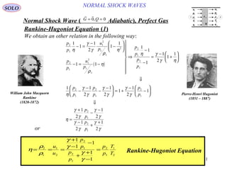 181
NORMAL SHOCK WAVESSOLO
Normal Shock Wave ) Adiabatic(, Perfect Gas
 
G Q= =0 0,
We obtain an other relation in the following way:
( )
p
p
u
p
p
p
u
p
p
p
p
p
p
p
p
p
p
p
p
p
p
p
2
1
1
2
1
1
2
2
1
1
2
1
1
2
1
2
1
2
1
2
1
2
1
2
1
2
1
1
1
1
2
1
1
1 1
1
1
1
1
2
1
1
1 1
2
1
2
1
1
2
1
1
2
1
2
1
2
1
2
η
γ
γ
ρ
η
ρ
η
η γ
γ η
η
γ
γ
γ
γ
γ
γ
η
γ
γ
γ
γ
γ
γ
γ
γ
− =
−
−






− = −








⇒
−
−
=
−
+






⇓
−
−
−
−




 = +
−
−






⇓
=
+
−
−
−
+
+
η
ρ
ρ
γ
γ
γ
γ
= = =
+
−
−
+
+
−
=2
1
1
2
2
1
2
1
2
1
1
2
1
1
1
1
1
u
u
p
p
p
p
p
p
T
T
or
Rankine-Hugoniot Equation
Rankine-Hugoniot Equation )1(
William John Macquorn
Rankine
(1820-1872)
u
p
ρ
T
e
u
p
ρ
T
e
τ 11
q
1
1
1
1
1
2
2
2
2
2
1 2
Pierre-Henri Hugoniot
(1851 – 1887)
 