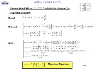 186
NORMAL SHOCK WAVESSOLO
Normal Shock Wave ) Adiabatic(, Perfect Gas
 
G Q= =0 0,
)C.M.(
Hugoniot Equation
ρ ρ
ρ
ρ
1 1 2 2 2 1
1
2
u u u u= → =
( )ρ ρ ρ
ρ
ρ
ρ
ρ
ρ
ρ
ρ
ρ ρ
ρ ρ
ρ
ρ ρ ρ
ρ
ρ
ρ
ρ
ρ
ρ
1 1
2
1 2 2
2
2 2
1
2
2
1
2
2 2 1 1
2
1
1
2
2
1
2 1
2
2 1
1
2 2 1
2
2
2
2 2 1
2
1
2
2 1
1
2
2 1
1
2
u p u p u p p p u u
u
p p
u
p p
u u
u u
+ = + =





 + → − = −





 = − →
→ =
−
−





 → =
−
−














=
=
)C.L.M.(
( )( )
h u h u e
p p p
e
p p p
e e
p p p p p p p p
e e
p p
h e
p
1 1
2
2 2
2
1
1
1
2 1
2 1
2
2
2
2
2 1
2 1
1
2
2 1
2 1
2 1
2 1
2
1
1
2
2
2 1
2 1
2
2
1
2
1 2
1 2 2 1
2
2 1
2 1 1 2
1
2
1
2
1
2
1
2
1
2
+ = + → + +
−
−





 = + +
−
−





 →
→ − =
−
−
−





 + − =
−
−
−
+
−
→
→ − =
− +
= +
ρ
ρ ρ ρ
ρ
ρ ρ ρ ρ
ρ
ρ
ρ ρ
ρ
ρ
ρ
ρ ρ ρ ρ ρ
ρ ρ
ρ ρ
ρ ρ
ρρ
ρ ρ
( ) ( )
+ −
=
+ − − + −
→
→ − =
+ − +














2 2
2
2 2
2
2
1 2 2
1 2
2 2 2 1 2 1 1 1 2 2
1 2
2 1
2 1 2 1 1 2
1 2
p p p p p p p p
e e
p p p p
ρ ρ
ρ ρ
ρ ρ ρ ρ ρ ρ
ρ ρ
ρ ρ
ρ ρ
)C.E.(
e e
p p
2 1
1 2
2 1
2
1 1
− =
+
−






ρ ρ
Hugoniot Equation
u
p
ρ
T
e
u
p
ρ
T
e
τ 11
q
1
1
1
1
1
2
2
2
2
2
1 2
 