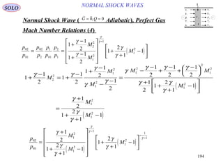 194
NORMAL SHOCK WAVESSOLO
Normal Shock Wave ) Adiabatic(, Perfect Gas
 
G Q= =0 0,
Mach Number Relations )4(
( )
p
p
p
p
p
p
p
p
M
M
M02
01
02
2
1
01
2
1
2
2
1
2
1
1
2
1
1
2
1
1
2
1
2
1
1= =
+
−
+
−










+
+
−






−γ
γ
γ
γ
γ
γ
( )
( )
1
1
2
1
1
2
1
1
2
1
2
1
2
1
2
1
2
1
2
1
2
1
1
1
2
1
2
1
1
2
2
1
2
1
2
1
2
2
1
2
1
2
1
2
1
2
+
−
= +
−
+
−
−
−
=
−
−
+
−
+
−





+
+
+
−






=
+
+
+
−
γ γ
γ
γ
γ
γ
γ γ γ
γ γ
γ
γ
γ
γ
M
M
M
M M
M
M
M
( )
( )
p
p
M
M
M02
01
1
2
1
2
1
1
2
1
1
1
2
1
2
1
1
1
2
1
1=
+
+
+
−












+
+
−






−
−
−
γ
γ
γ
γ
γ
γ
γ
γ
u
p
ρ
T
e
u
p
ρ
T
e
τ 11
q
Q
1
1
1
1
1
2
2
2
2
2
1 2
 