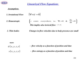 208
Linearized Flow Equations
1. Irrotational Flow
SOLO
Assumptions
2. Homentropic
3. Thin bodies
( )0

=×∇ u






=
∂
∂
=∇ 0&0..;.
t
s
seieverywhereconsts
This implies also inviscid flow ( )~τ = 0
Changes in flow velocities due to body presence are small
were
- flow velocity as a function of position and time
- flow entropy as a function of position and time
( )tzyxu ,,,

( )tzyxs ,,,
 