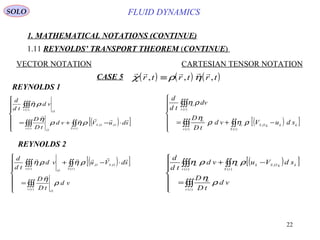 22
FLUID DYNAMICS
1. MATHEMATICAL NOTATIONS (CONTINUE)
1.11 REYNOLDS’ TRANSPORT THEOREM (CONTINUE)
VECTOR NOTATION CARTESIAN TENSOR NOTATION
REYNOLDS 1
( )[ ]






⋅−+= ∫∫∫∫∫
∫∫∫
)(
,,
)(
)(
tS
OOS
tv
O
O
tv
sduVvd
tD
D
vd
td
d



ρηρ
η
ρη
( )[ ]






−+= ∫∫∫∫∫
∫∫∫
)(
,
)(
)(
tS
kkkOSi
tv
i
tv
i
sduVvd
tD
D
dv
td
d
ρηρ
η
ρη
REYNOLDS 2
( )[ ]







=
⋅−+
∫∫∫
∫∫∫∫∫
)(
)(
,,
)(
tv
O
tS
OSO
O
tv
vd
tD
D
sdVuvd
td
d
ρ
η
ρηρη


( )[ ]







=
−+
∫∫∫
∫∫∫∫∫
)(
)(
,
)(
tv
i
tS
kkOSki
tv
i
vd
tD
D
sdVuvd
td
d
ρ
η
ρηρη
CASE 5 ( ) ( ) ( )
    
χ ρ ηr t r t r t, , ,≡
SOLO
 
