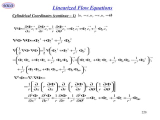 220
SOLO
Cylindrical Coordinates (continue – 1) ( )θ=== 321 ,, uruxu
→→→→→→
Φ+Φ+Φ=
∂
Φ∂
+
∂
Φ∂
+
∂
Φ∂
=Φ∇ 321321
11
e
r
eee
r
e
r
e
x
rx θ
θ
2
2
22 1
θΦ+Φ+Φ=Φ∇⋅Φ∇
r
rx
→
→→






ΦΦ+ΦΦ+ΦΦ+






Φ−ΦΦ+ΦΦ+ΦΦ+





ΦΦ+ΦΦ+ΦΦ=






Φ+Φ+Φ∇=





Φ∇⋅Φ∇∇
322
2
2
3212
2
2
22
11
111
1
2
1
2
1
e
rr
e
rr
e
r
r
rrxx
rrrrxrxxrxrxxx
rx
θθθθθ
θθθθθ
θ
θθ
θ
θθ
Φ+Φ+Φ+Φ=
∂
Φ∂
+
∂
Φ∂
+
∂
Φ∂
+
∂
Φ∂
=












∂
Φ∂
∂
∂
+





∂
Φ∂
∂
∂
+





∂
Φ∂
∂
∂
=
=Φ∇⋅∇=Φ∇
22
2
22
2
2
2
2
1111
11
rrrrrrx
rr
r
rx
r
xr
rrrxx
Linearized Flow Equations
 