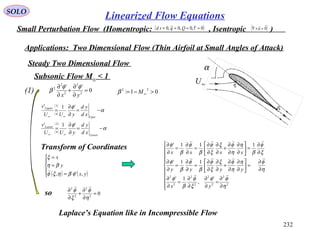 232
SOLO
Small Perturbation Flow (Homentropic: , Isentropic )( )0~,0,0~,0 ==== τQqsd ( )0

=×∇ u
Applications: Two Dimensional Flow (Thin Airfoil at Small Angles of Attack)
0
''
2
2
2
2
2
=
∂
∂
+
∂
∂
yx
φφ
β(1)
Steady Two Dimensional Flow
Subsonic Flow M∞ < 1
01:
22
>−= ∞Mβ
( )
( )
( )
( )
α
φ
α
φ
−=
∂
∂
=
−=
∂
∂
=
∞∞
∞∞
Lower
Lower
Uper
Upper
xd
yd
yUU
v
xd
yd
yUU
v
'1'
'1'
3
4
3
4
∞U
α
Transform of Coordinates
( ) ( )




=
=
=
yx
y
x
,', φβηξφ
βη
ξ











∂
∂
=
∂
∂
∂
∂
=
∂
∂
∂
∂
=





∂
∂
∂
∂
+
∂
∂
∂
∂
=
∂
∂
=
∂
∂
∂
∂
=





∂
∂
∂
∂
+
∂
∂
∂
∂
=
∂
∂
=
∂
∂
2
2
2
2
2
2
2
2
'
,
1'
11'
111'
η
φφ
ξ
φ
β
φ
η
φη
η
φξ
ξ
φ
β
φ
β
φ
ξ
φ
β
η
η
φξ
ξ
φ
β
φ
β
φ
yx
yyyy
xxxx
so 02
2
2
2
=
∂
∂
+
∂
∂
η
φ
ξ
φ
Laplace’s Equation like in Incompressible Flow
Linearized Flow Equations
 