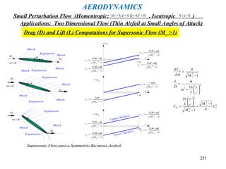 251
pc−
cx /
0.1
pc−
cx /
0.1
pc−
cx /
0.1
α
δα <
δ
∞M
δα >
∞M
∞M
δα =
α
∞M
Upper Surface
Lover Surface
Expansion
Shock
Shock
Expansion
Expansion
Shock
Expansion
Shock
Shock
Expansion
Expansion
Shock
Shock
Shock
Shock
∞M
∞M
( )
1
2
2
−
−
=
∞M
cp
αδ
( )
1
2
2
−
+
=
∞M
cp
αδ
( )
1
2
2
−
−
=
∞M
cp
αδ
( )
1
2
2
−
+
=
∞M
cp
αδ
1
4
2
−
=
∞M
cp
α
1
4
2
−
−
=
∞M
cp
α
( )
1
2
2
−
+
−=
∞M
cp
αδ
( )
1
2
2
−
−
−=
∞M
cp
αδ
( )
1
2
2
−
+
−=
∞M
cp
αδ
( )
1
2
2
−
−
−=
∞M
cp
αδ
Supersonic Flow past a Symmetric Biconvex Aerfoil
AERODYNAMICS
Small Perturbation Flow (Homentropic: , Isentropic )( )0~,0,0~,0 ==== τQqsd ( )0

=×∇ u
Applications: Two Dimensional Flow (Thin Airfoil at Small Angles of Attack)
Drag (D) and Lift (L) Computations for Supersonic Flow (M∞ >1)
2
2
2
2
2
2
2
4
1
1
3
16
3
16
1
4
LD
L
C
M
M
c
t
C
c
tD
L
Md
Cd
−
+
−






=






+
=
−
=
∞
∞
∞
α
α
α
 