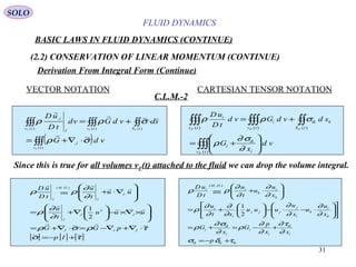 31
FLUID DYNAMICS
BASIC LAWS IN FLUID DYNAMICS (CONTINUE)
(2.2) CONSERVATION OF LINEAR MOMENTUM (CONTINUE)
VECTOR NOTATION CARTESIAN TENSOR NOTATION
C.L.M.-2
Since this is true for all volumes vF(t) attached to the fluid we can drop the volume integral.
[ ] [ ] [ ]τσ
τρσρ
∂
∂
ρ
∂
∂
ρρ
~~
~~
2
1
,,,
,
2
,
,
.).(
+−=
⋅∇+∇−=⋅∇+=








×∇×−





∇+=








∇⋅+=
Ip
pGG
uuu
t
u
uu
t
u
tD
uD
III
II
I
I
I
DM
I





ikikik
i
ik
i
i
i
ik
i
k
i
k
i
j
jjj
i
i
k
i
k
i
DM
i
p
xx
p
G
x
G
x
u
u
x
u
uuu
xt
u
x
u
u
t
u
tD
uD
τδσ
∂
τ∂
∂
∂
ρ
∂
σ∂
ρ
∂
∂
∂
∂
∂
∂
∂
∂
ρ
∂
∂
∂
∂
ρρ
+−=
+−=+=












⋅−⋅−





+=






⋅+=
2
1
.).(
SOLO
Derivation From Integral Form (Continue)
( )∫∫∫
∫∫∫∫∫∫∫∫
⋅∇+=
⋅+=
)(
,
)()()(
,
~
~
tv
I
tStvtv
I
I
F
FFF
vdG
sdvdGvd
tD
uD
σρ
σρρ


∫∫∫
∫∫∫∫∫∫∫∫






+=
+=
)(
)()()(
tv i
ik
i
tS
kik
tv
i
tv
i
F
FFF
vd
x
G
sdvdGvd
tD
uD
∂
σ∂
ρ
σρρ
 