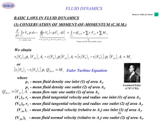 38
BASIC LAWS IN FLUID DYNAMICS
(3) CONSERVATION OF MOMENT-OF-MOMENTUM (C.M.M.)
SOLO
( )
( ) ( ) ( ) ( )
( )
    

  
systemoutsidefromexertedTorque
M
l
lz
j
j
tv
ext
AVVrAVVr
SC
S
statesteady
VC
zSnSn
MFrdfrsdVVrvdVr
td
d
∑∑∫∫∫∫ ++=⋅−−
+−−→
θθ
ρρ
θθ
θθ
ρρ
22,21111,122
..
,
0
..
We obtain
( ) ( )[ ] zflow
MQVrVr =− 111122
ρθθ
or
( ) ( ) ( ) ( ) ( ) ( )[ ] ( ) zSnSnSn
MAVVrVrAVVrAVVr =−=− 11,1112211,11122,222
ρρρ θθθθ
Euler Turbine Equation
ρ1 - mean fluid density one inlet (1) of area A1.
where
ρ2 - mean fluid density one outlet (2) of area A2.
(Vθ )1, r1 - mean fluid tangential velocity and radius one inlet (1) of area A1.
(Vθ )2, r2 - mean fluid tangential velocity and radius one outlet (2) of area A2.
(V,Sn )1 - mean fluid normal velocity (relative to A1) one inlet (1) of area A1.
(V,Sn )2 - mean fluid normal velocity (relative to A2) one outlet (2) of area A2.
- mean flow rate one outlet (1) of area A1.( ) 11,1 : AVQ Snflow =
Leonhard Euler
(1707-1783)
FLUID DYNAMICS
Return to Table of Content
 