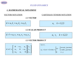 5
FLUID DYNAMICS
1. MATHEMATICAL NOTATIONS
VECTOR NOTATION CARTESIAN TENSOR NOTATION
1.1 VECTOR
1.2 SCALAR PRODUCT
1.3 VECTOR PRODUCT
u kk = 1 2 3, ,
   
u u e u e u e= + +1 1 2 2 3 3
 
u v u v u v u v⋅ = + +1 1 2 2 3 3 u v kk k = 1 2 3, ,
 
u v
u u
u u
u u
v
v
v
× =
−
−
−




















0
0
0
3 2
3 1
2 1
1
2
3





=



−
+
±
=−=
ji
permutjiodd
permutjieven
CevittaLevi
vu
ij
jiij
0
.,
.,
1
ε
ε
SOLO
 