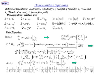 80
SOLO
Dimensionless Equations
Dimensionless Variables are:
0/~ ρρρ = 0/
~
Uuu = gGG /
~
= ( )2
00/~ Upp ρ=
0/~ lUtt =
2
0/
~
UCTT p=( )2
00/~ Uρττ =
2
0/
~
UHH =
2
0/
~
Uhh =
2
0/~ Uee = ( )2
00/~ Uqq ρ= ( )2
/
~
UQQ =
∇=∇ 0
~
l
Field Equations
(C.M.): ( )
00
0
0
U
l
u
t ρ
ρ
∂
ρ∂
=⋅∇+

( ) 2
00
0
~
3
4
U
l
uupGuu
t
u
ρ
µµρ
∂
∂
ρ
τ
  


⋅∇






⋅∇∇+×∇×∇−∇−=





∇⋅+(C.L.M.):
( ) ( ) 3
00
0~
U
l
Tk
t
Q
uGu
t
p
Hu
t
H
q
ρ∂
∂
ρτ
∂
∂
ρ



∇⋅∇−+⋅+⋅⋅∇+=





∇⋅+
∂
∂
(C.E.):
( )
( )
( ) 0
/
/
00
0
00
0
=





⋅∇+
U
u
l
lUt

ρ
ρ
∂
ρρ∂
( )
( ) ( )
( ) ( ) 





⋅∇∇





+





×∇×∇





−
∇−=






∇⋅+
0
00
000
0
0
0
0
0
000
0
2
00
02
0
0
00
0
000
0
0
3
4
/
/
U
u
ll
UlU
u
ll
Ul
U
p
l
g
G
U
lg
U
u
l
U
u
lUt
Uu


ρ
µ
µ
µ
ρ
µ
ρρ
ρ
∂
∂
ρ
ρ
( ) ( )
( )
( )
( ) ( ) 







∇⋅∇














−+⋅+







⋅⋅∇+







∂
∂
=







2
0
0
0
0
0
0
000
0
2
00000
2
0
0
0
2
00
02
0000
2
00000 /
~
// U
CT
l
k
k
l
C
k
UlU
Q
lUtU
u
g
G
U
gl
U
u
U
l
U
p
lUtU
H
lUtD
D p
pµρ
µ
∂
∂
ρ
ρ
ρ
τ
ρρρ
ρ

0/~ ρρρ = 0/
~
Uuu = gGG /
~
= ( )2
00/~ Upp ρ=
0/~ lUtt =
2
0/
~
UCTT p=( )2
00/~ Uρττ =
2
0/
~
UHH =
2
0/
~
Uhh =
2
0/~ Uee = ( )2
00/~ Uqq ρ= ( )2
/
~
UQQ =
∇=∇ 0
~
l
0/~ µµµ =
0/
~
kkk =
Reference Quantities: ρ0(density), U0(velocity), l0 (length), g (gravity), μ0 (viscosity),
k0 (Fourier Constant), λ0 (mean free path)
0/
~
λλλ =
 