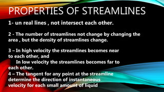 PROPERTIES OF STREAMLINES
1- un real lines , not intersect each other.
2 - The number of streamlines not change by changing the
area , but the density of streamlines change.
3 – In high velocity the streamlines becomes near
to each other, and
In low velocity the streamlines becomes far to
each other.
4 – The tangent for any point at the streamline
determine the direction of instantaneous
velocity for each small amount of liquid
 
